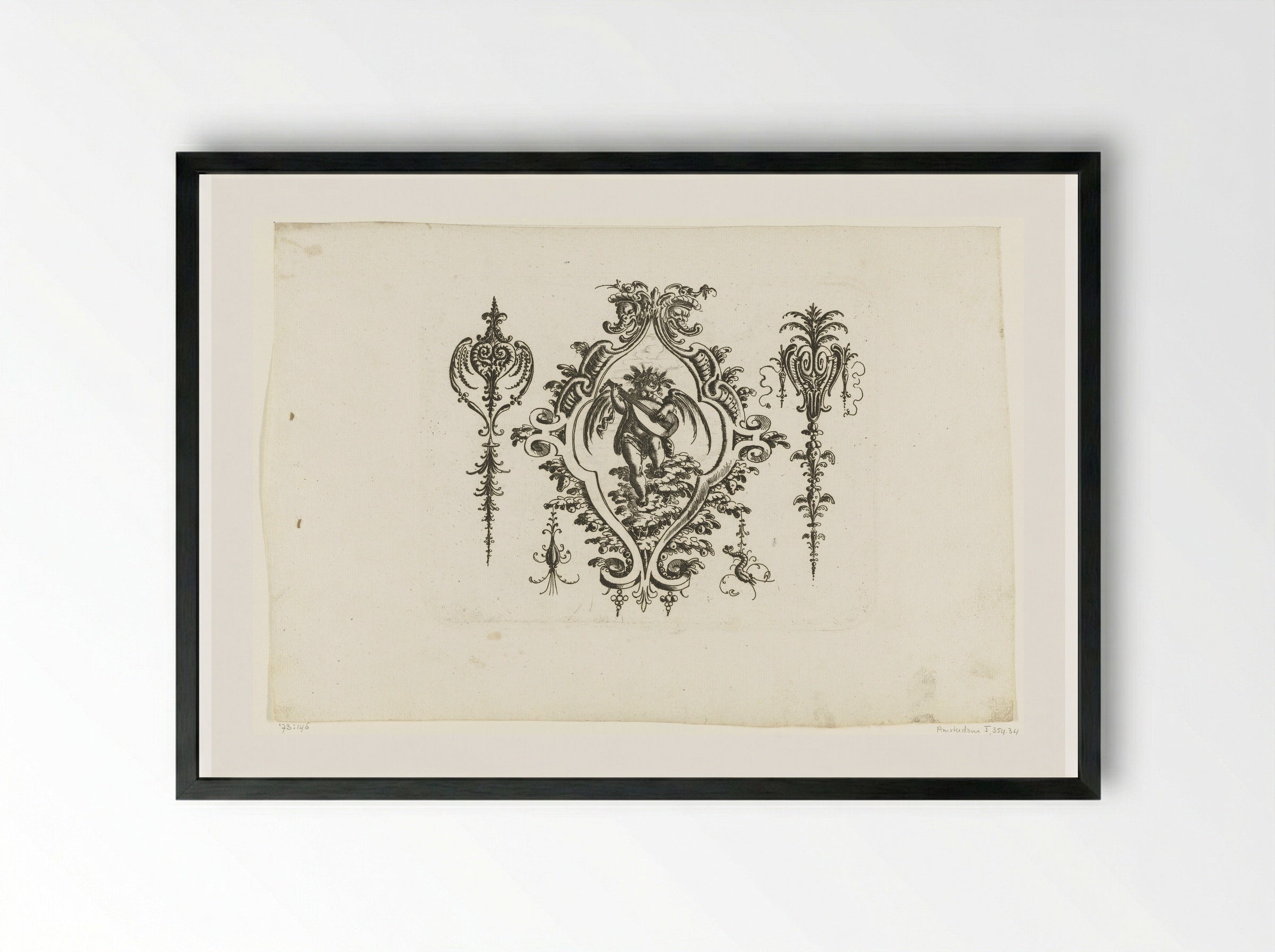 Cartouche with a Lute-Playing Putto - Christoph Jamnitzer - Framed Print Black