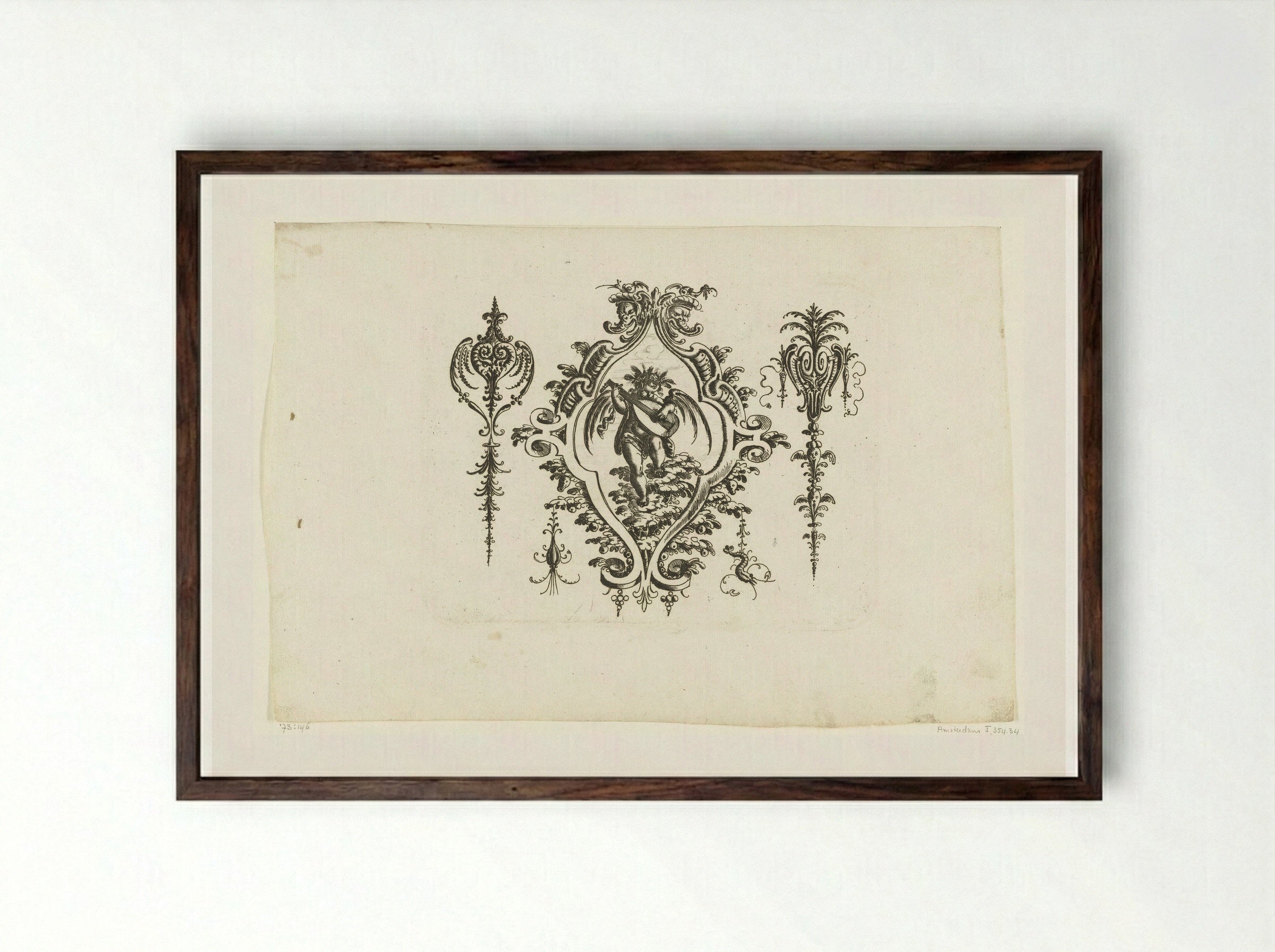 Cartouche with a Lute-Playing Putto - Christoph Jamnitzer - Framed Print Dark Wood