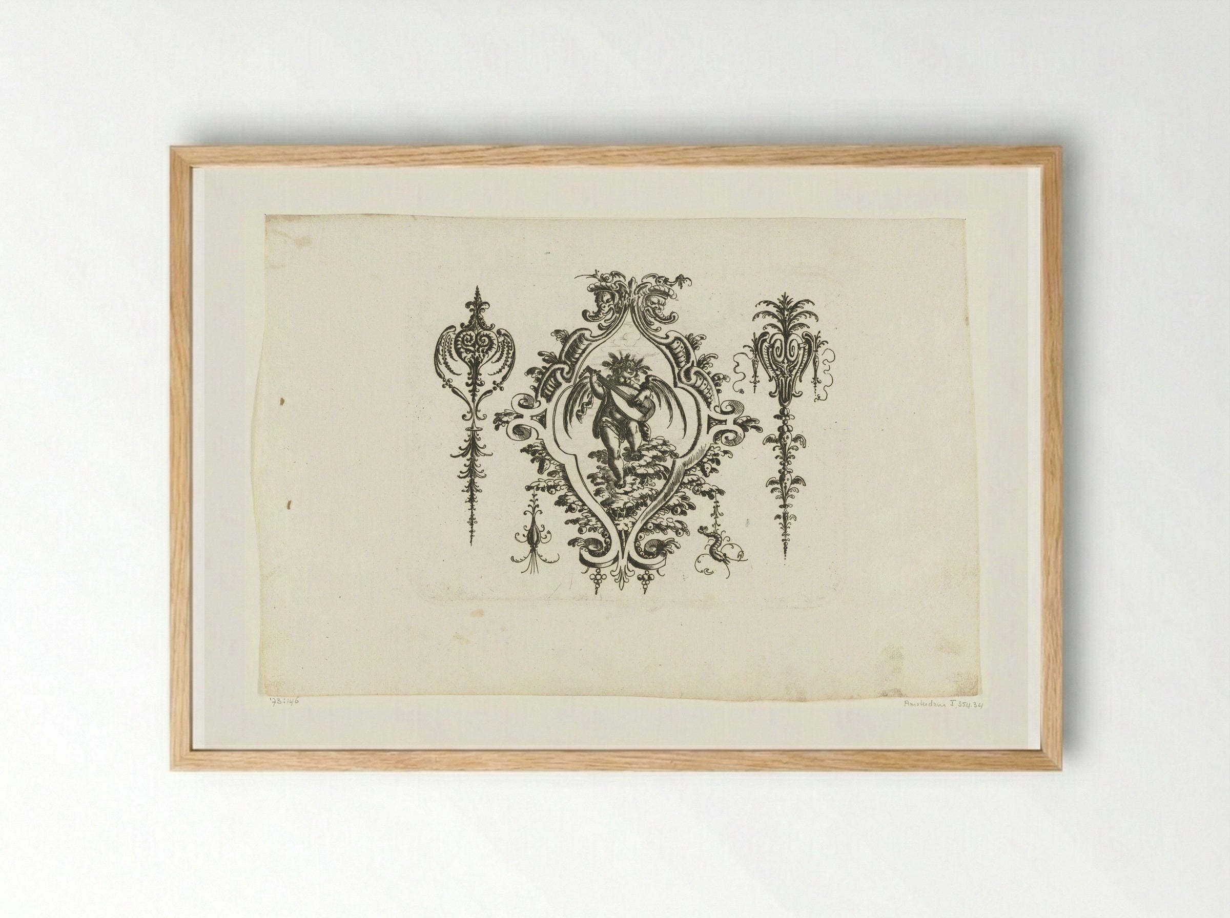 Cartouche with a Lute-Playing Putto - Christoph Jamnitzer - Framed Print Wood