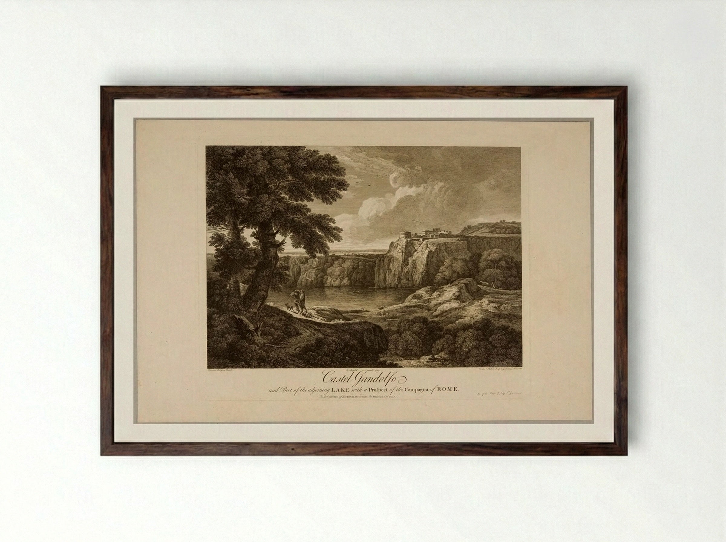 Castel Gandolfo and Part of the Adjoining Lake - François Vivares - Framed Print Dark Wood