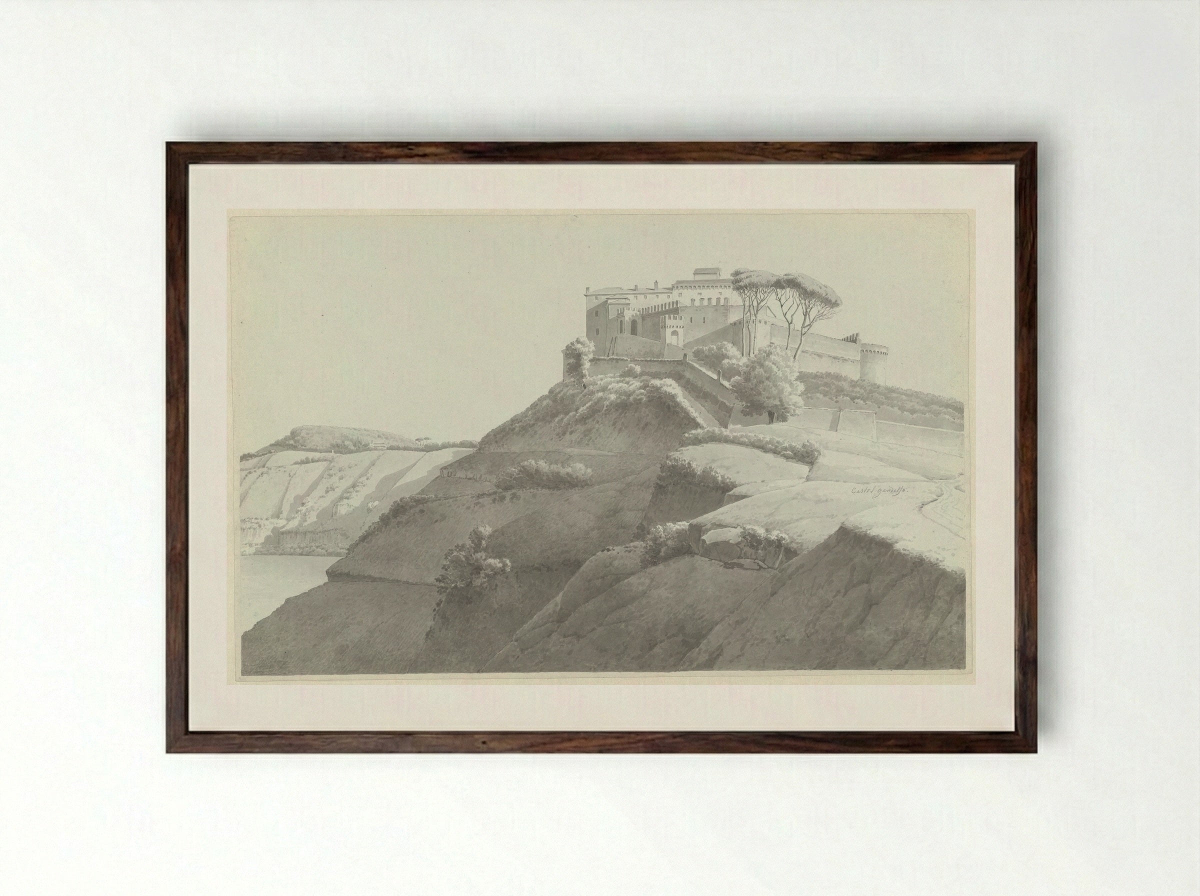 Castel Gandolfo with Lake Albano at the Left - Josephus Augustus Knip - Framed Print Dark Wood