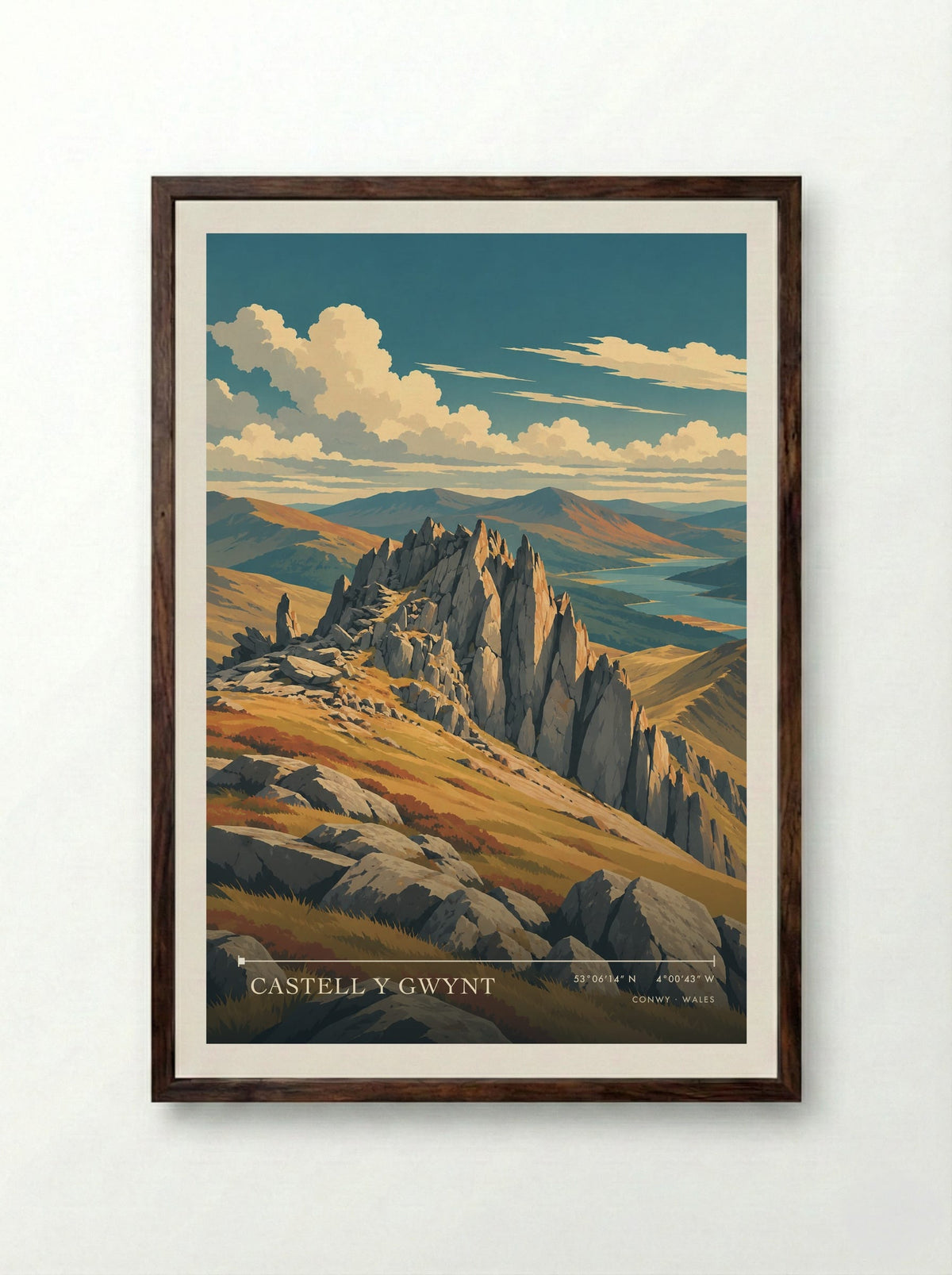 Castell y Gwynt, Conwy | Travel Poster - Framed Print Dark Wood
