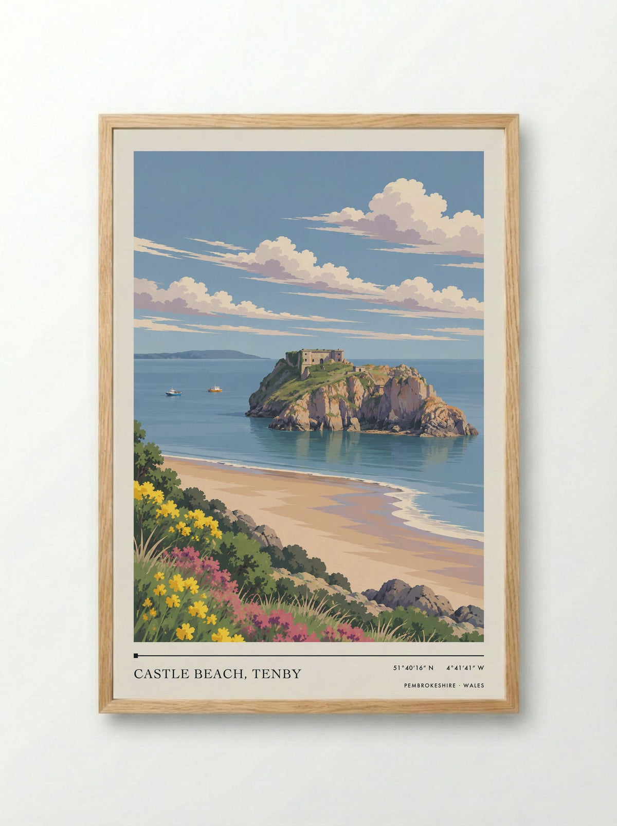 Castle Beach, Tenby, Pembrokeshire | Travel Poster - Framed Print Wood