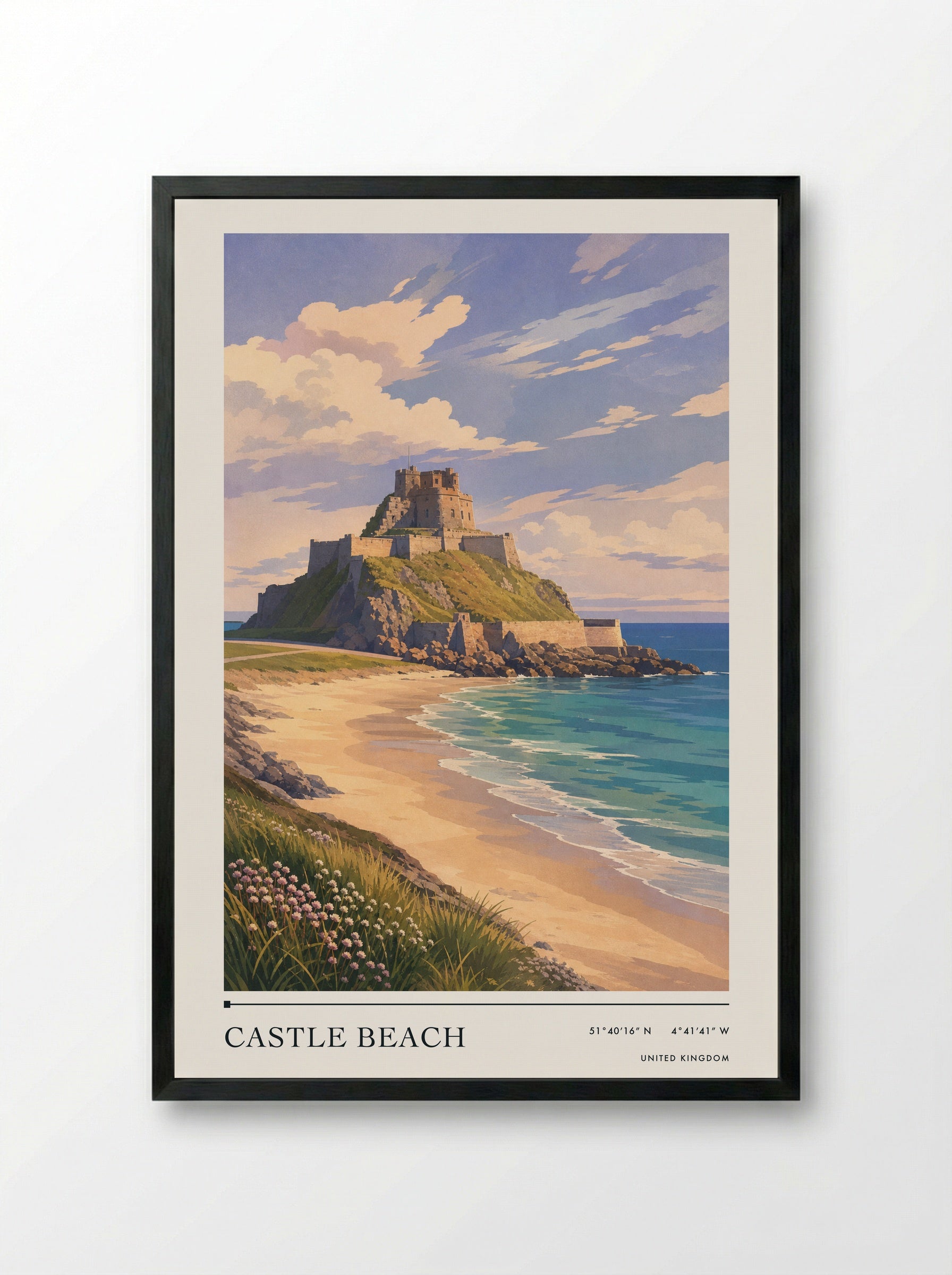 Castle Beach United Kingdom Travel Poster - Framed Print Black