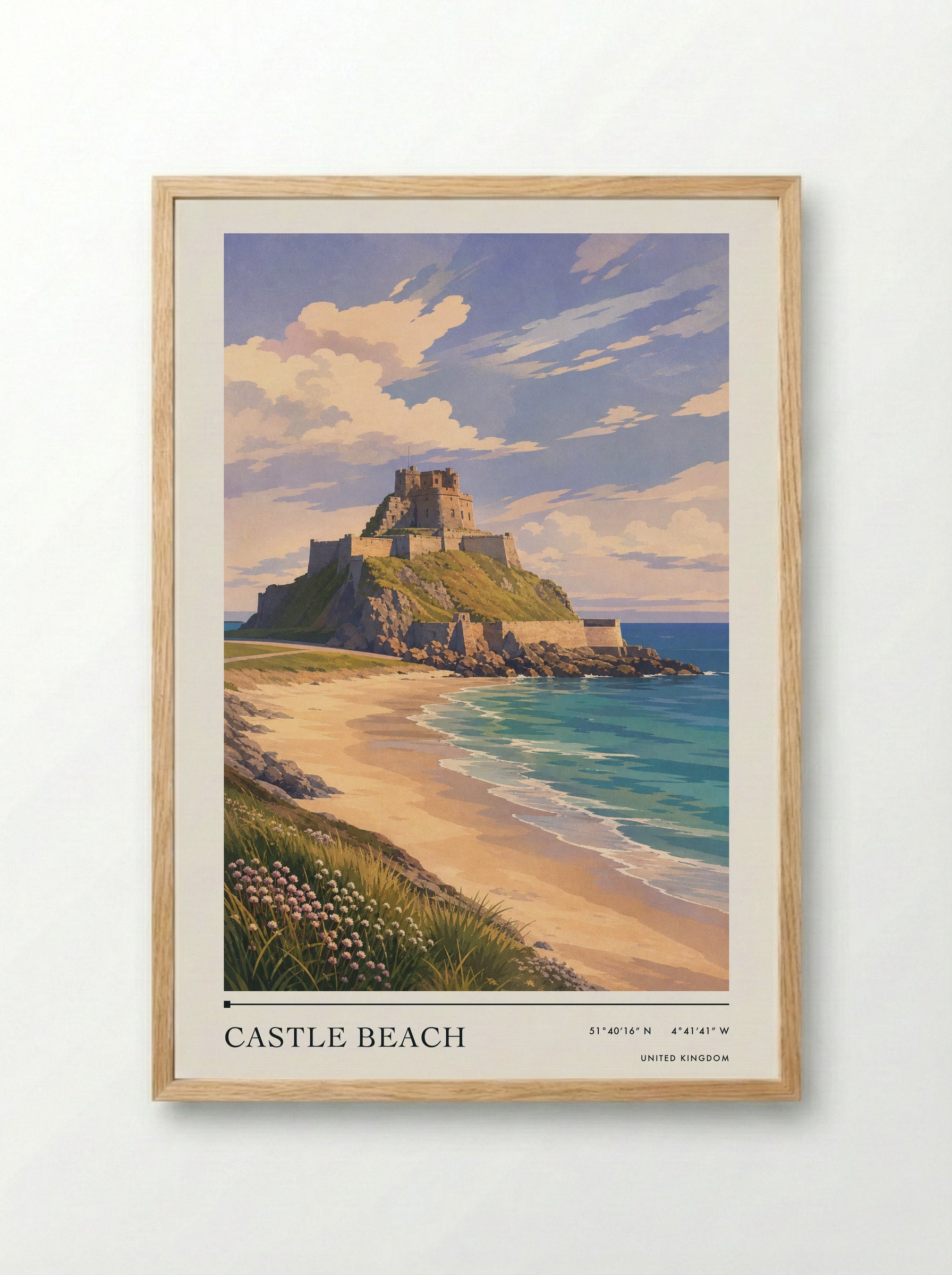 Castle Beach United Kingdom Travel Poster - Framed Print Wood