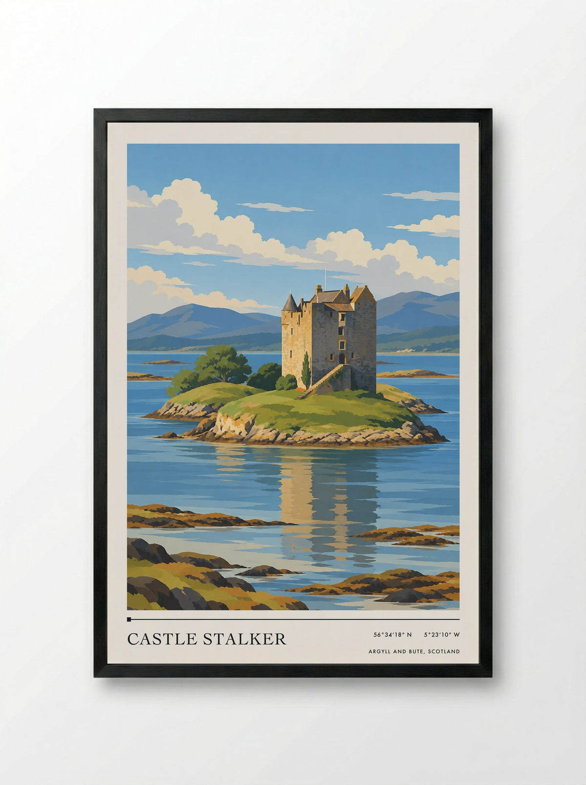 Castle Stalker, Argyll and Bute, Scotland | Travel Poster - Framed Print Black