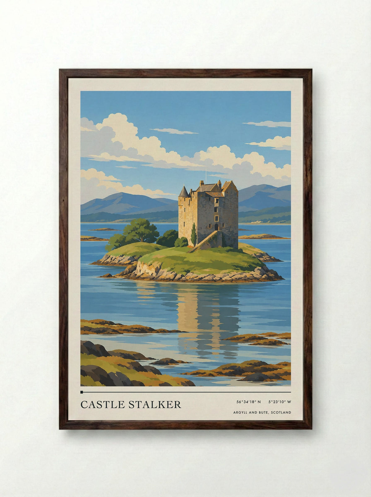Castle Stalker, Argyll and Bute, Scotland | Travel Poster - Framed Print Dark Wood