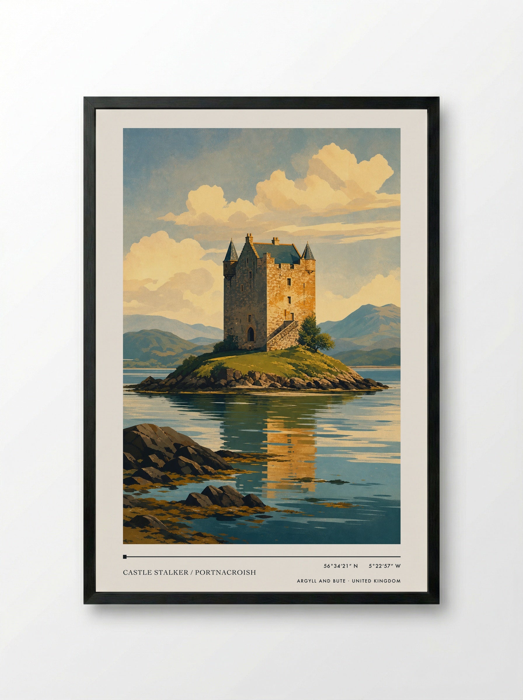Castle Stalker / Portnacroish Argyll and Bute United Kingdom Travel Poster - Framed Print Black
