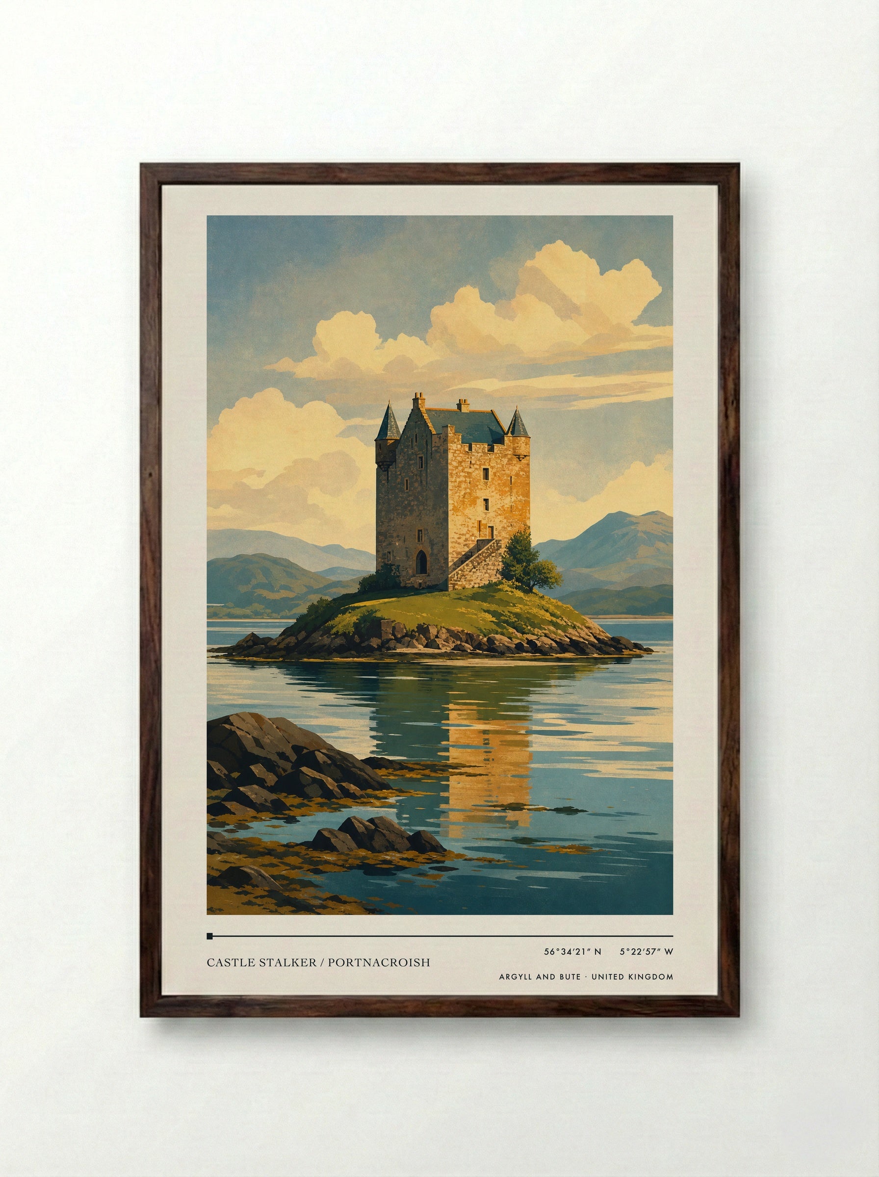 Castle Stalker / Portnacroish Argyll and Bute United Kingdom Travel Poster - Framed Print Dark Wood