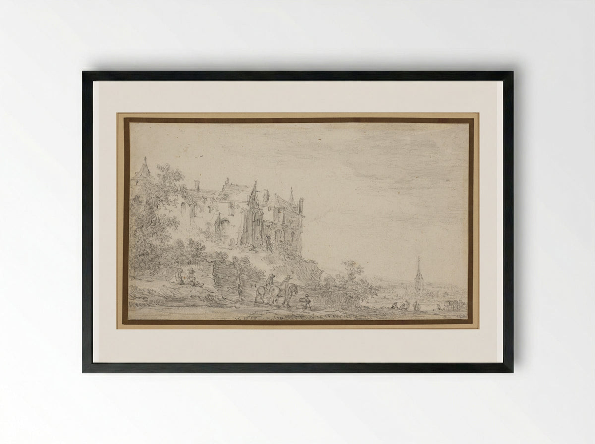Castle with a View to a Church - Jan van Goyen - Framed Print Black
