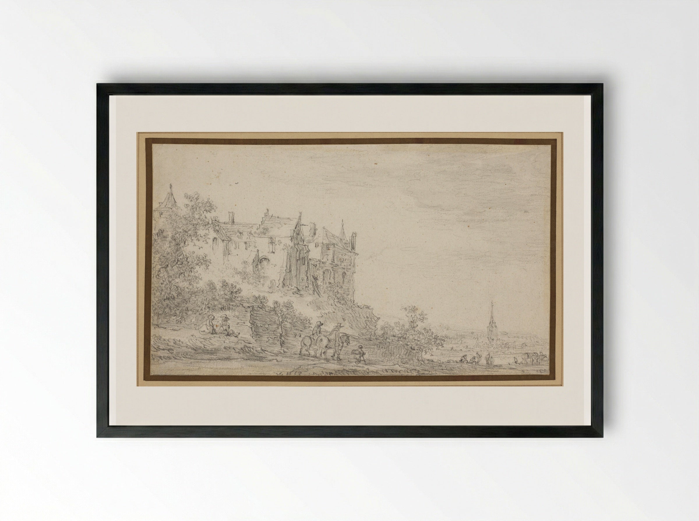 Castle with a View to a Church - Jan van Goyen - Framed Print Black