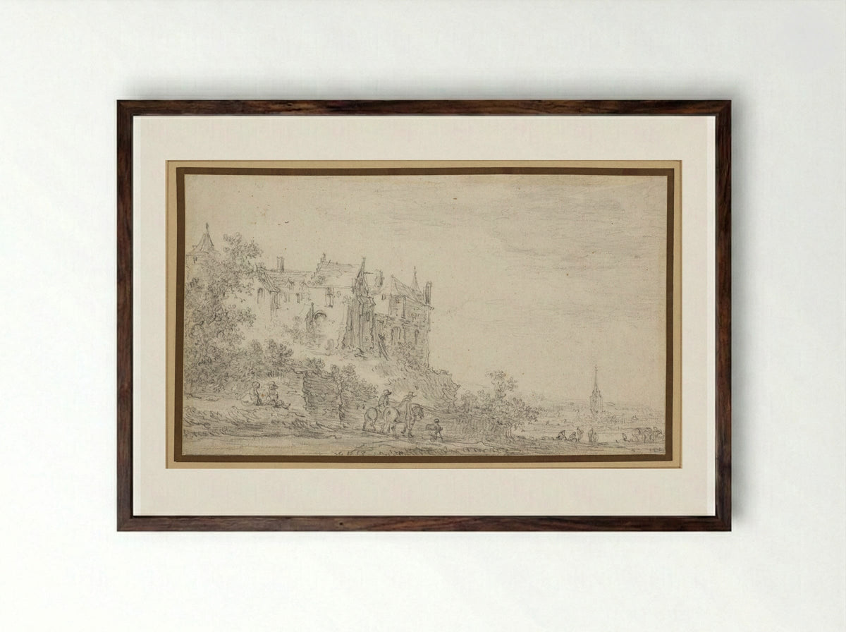 Castle with a View to a Church - Jan van Goyen - Framed Print Dark Wood