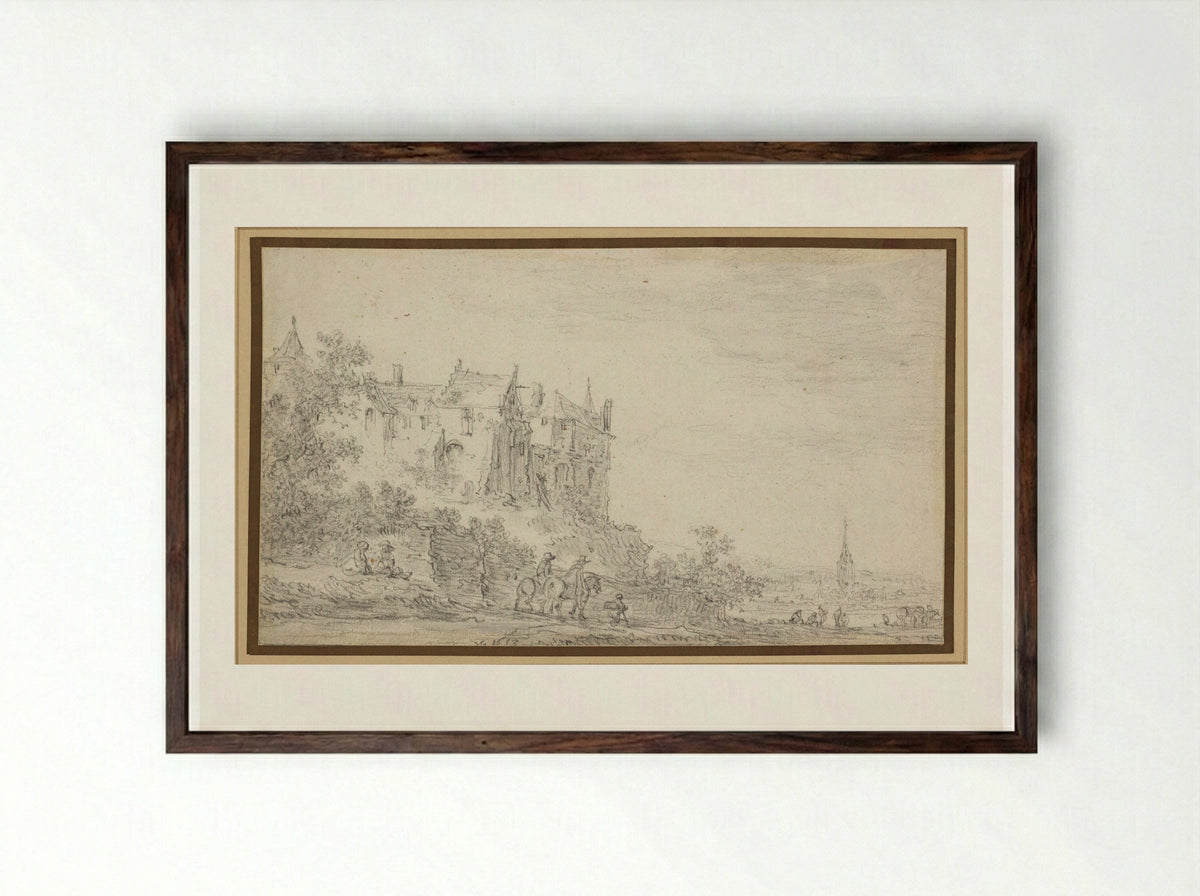 Castle with a View to a Church - Jan van Goyen - Framed Print Dark Wood