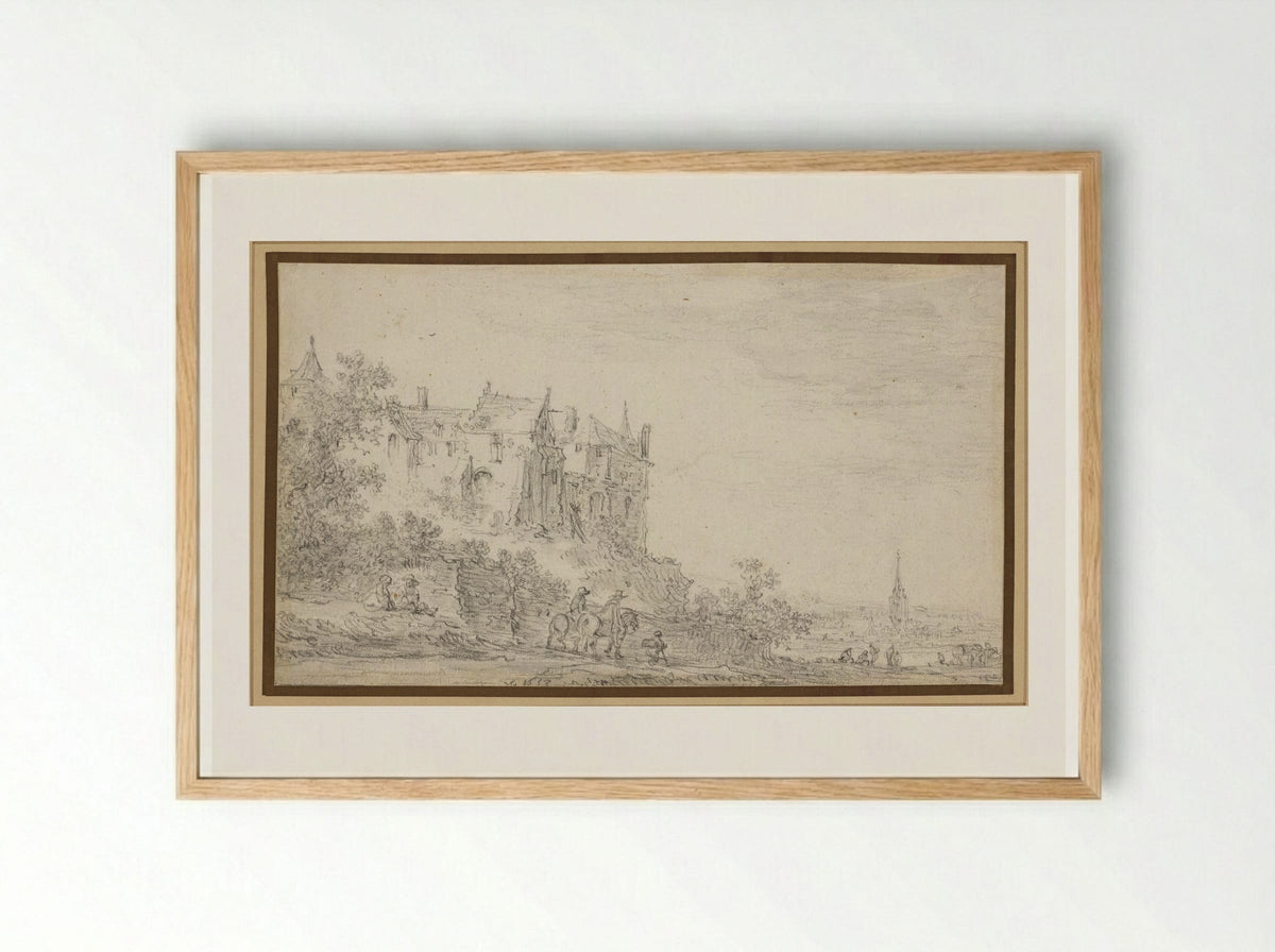 Castle with a View to a Church - Jan van Goyen - Framed Print Wood