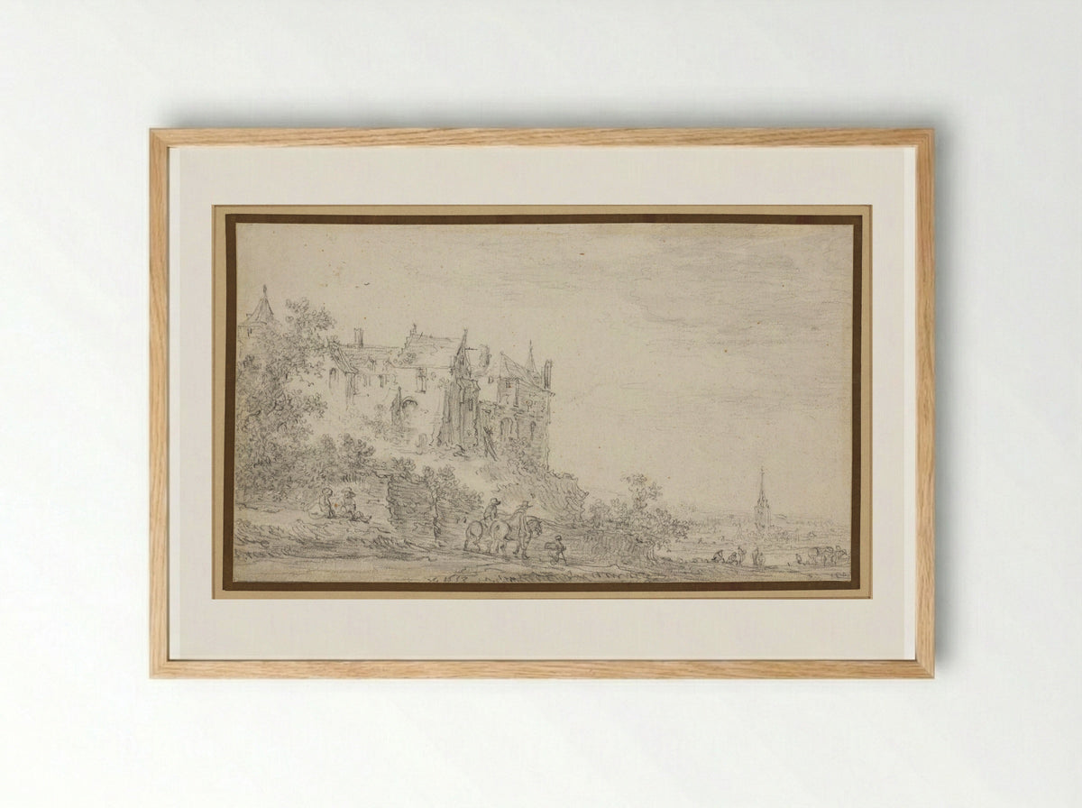 Castle with a View to a Church - Jan van Goyen - Framed Print Wood