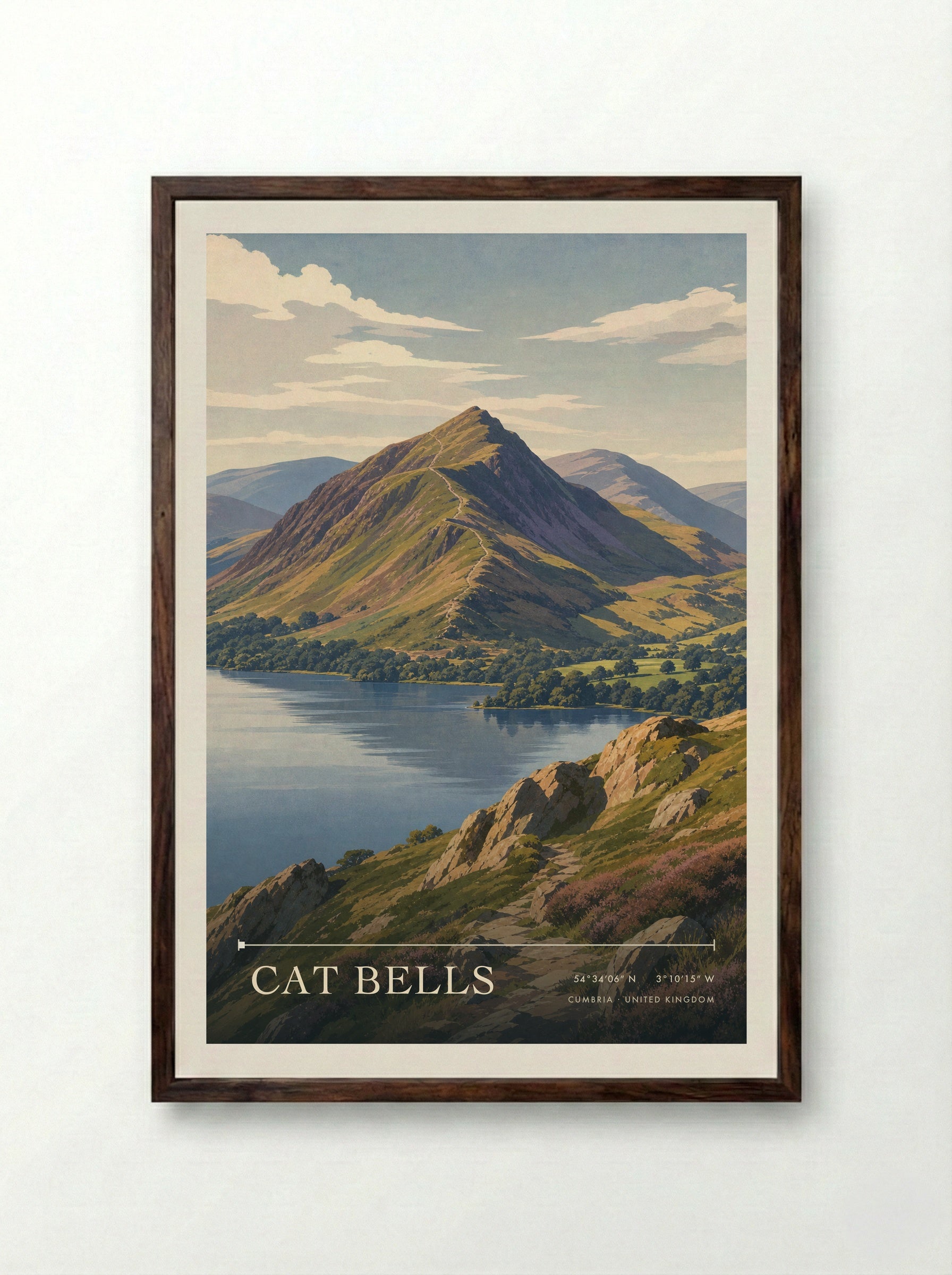 Cat Bells Cumbria United Kingdom Travel Poster - Framed Print Dark Wood