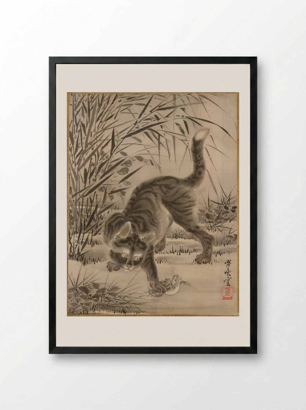 Cat Catching a Frog - Kawanabe Kyōsai - Framed Print Black