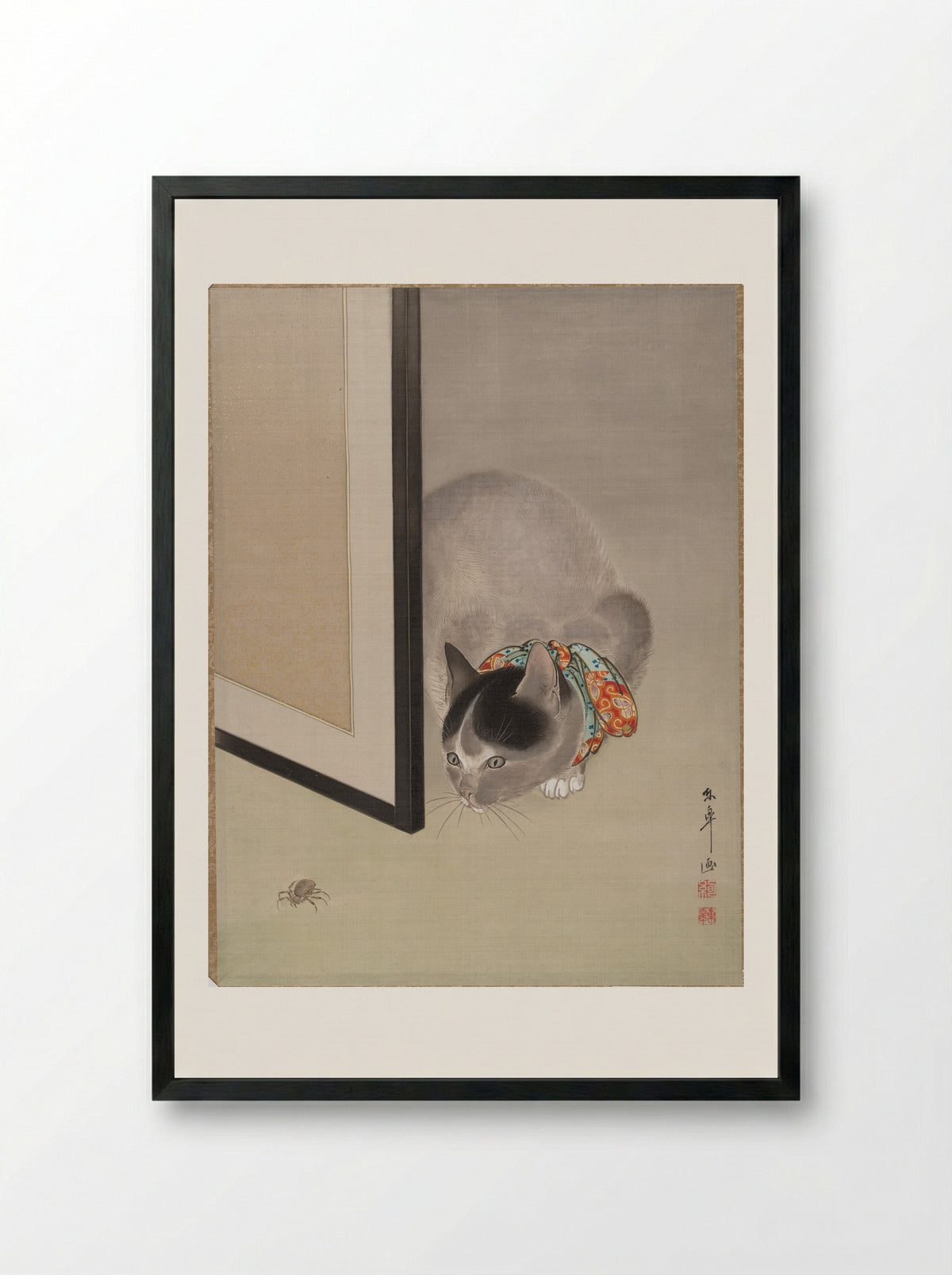 Cat Watching a Spider - Oide Tōkō - Framed Print Black