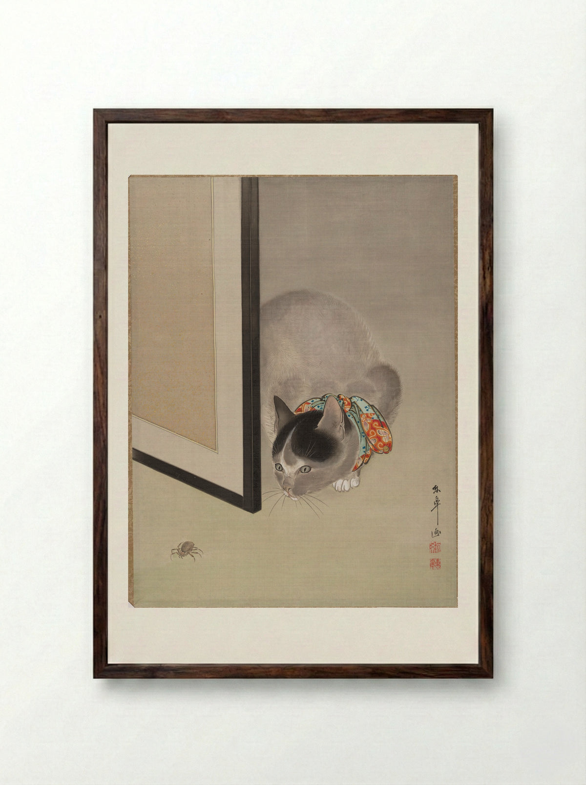 Cat Watching a Spider - Oide Tōkō - Framed Print Dark Wood