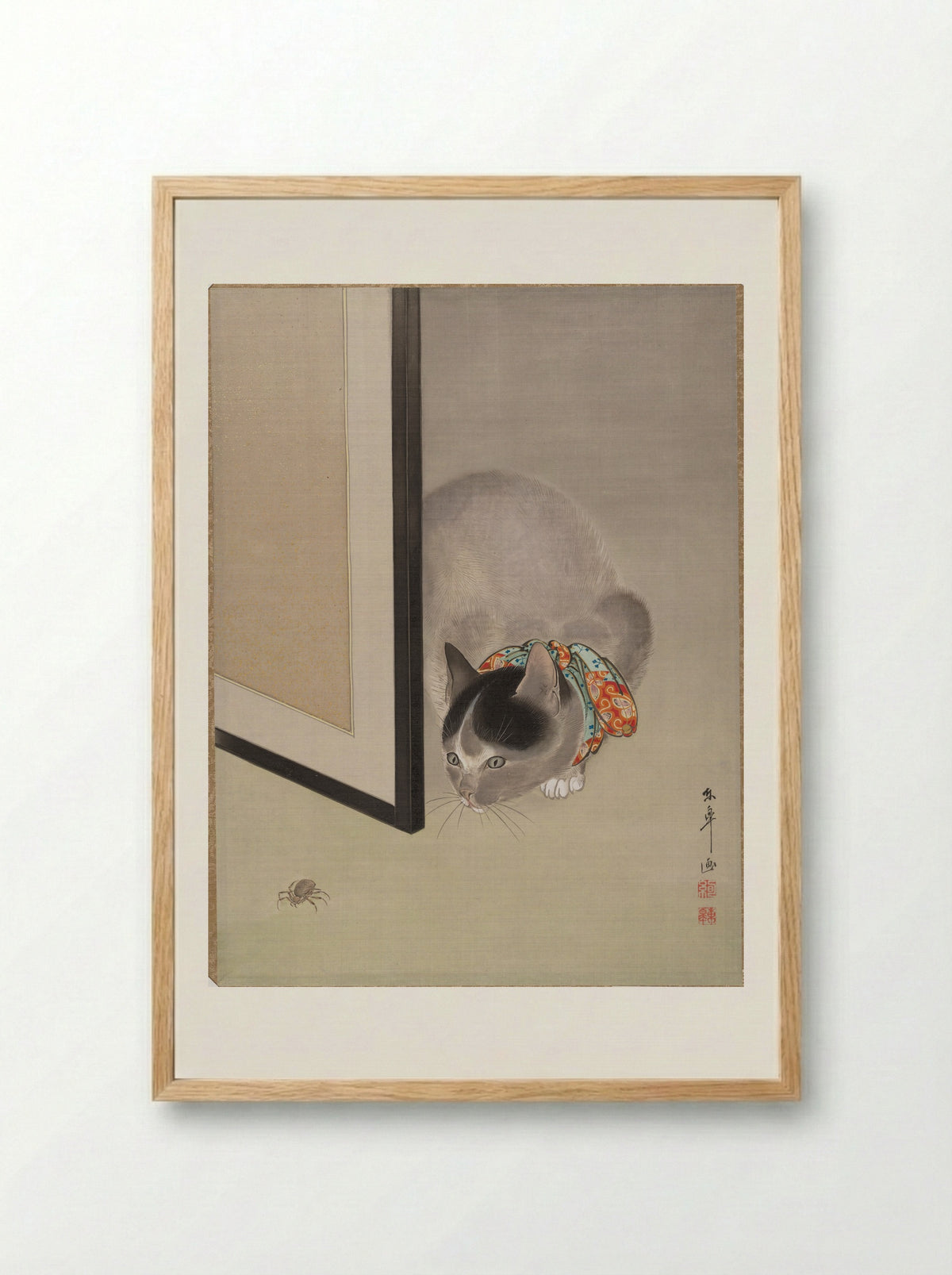 Cat Watching a Spider - Oide Tōkō - Framed Print Wood