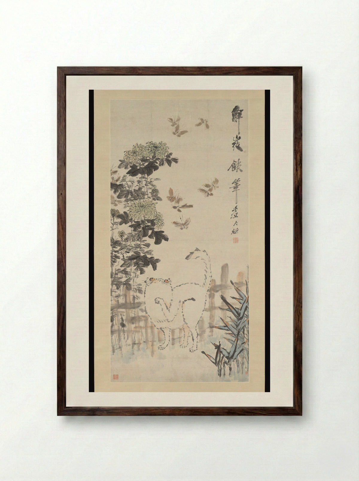 Cat and Butterfly - Xugu - Framed Print Dark Wood
