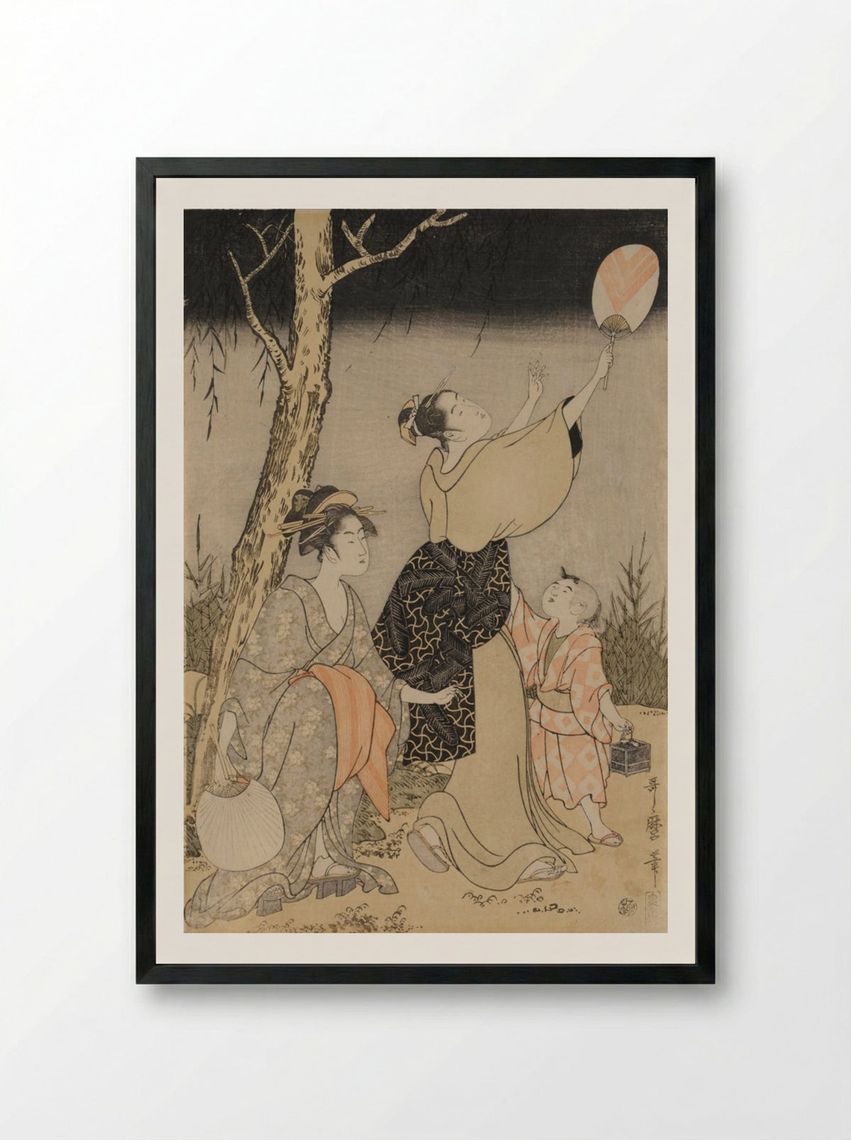 Catching Fireflies Beneath a Willow Tree (left) - Kitagawa Utamaro - Framed Print Black