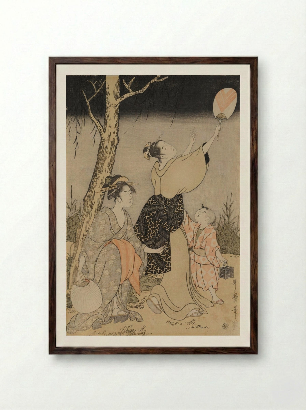 Catching Fireflies Beneath a Willow Tree (left) - Kitagawa Utamaro - Framed Print Dark Wood