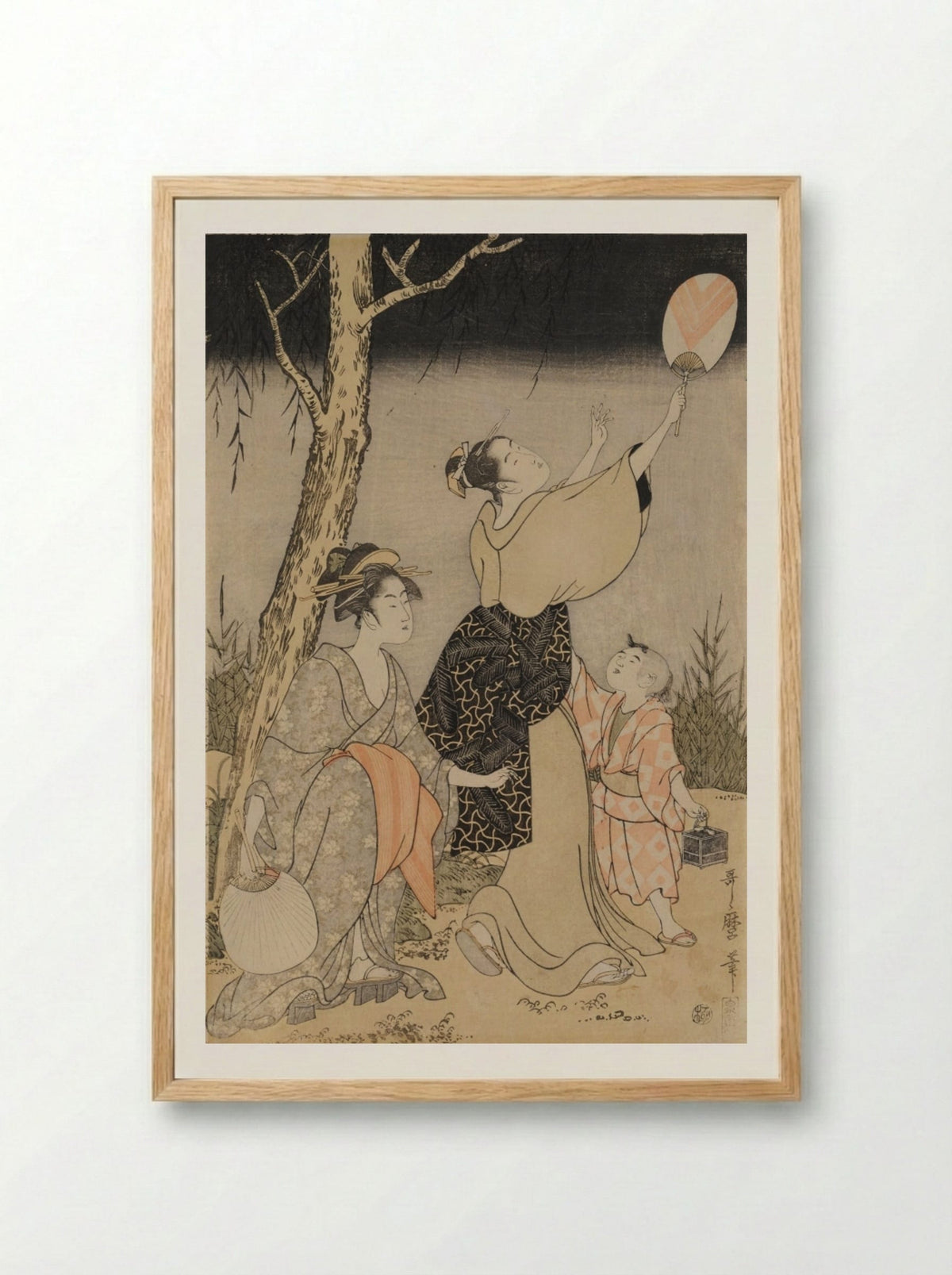 Catching Fireflies Beneath a Willow Tree (left) - Kitagawa Utamaro - Framed Print Wood