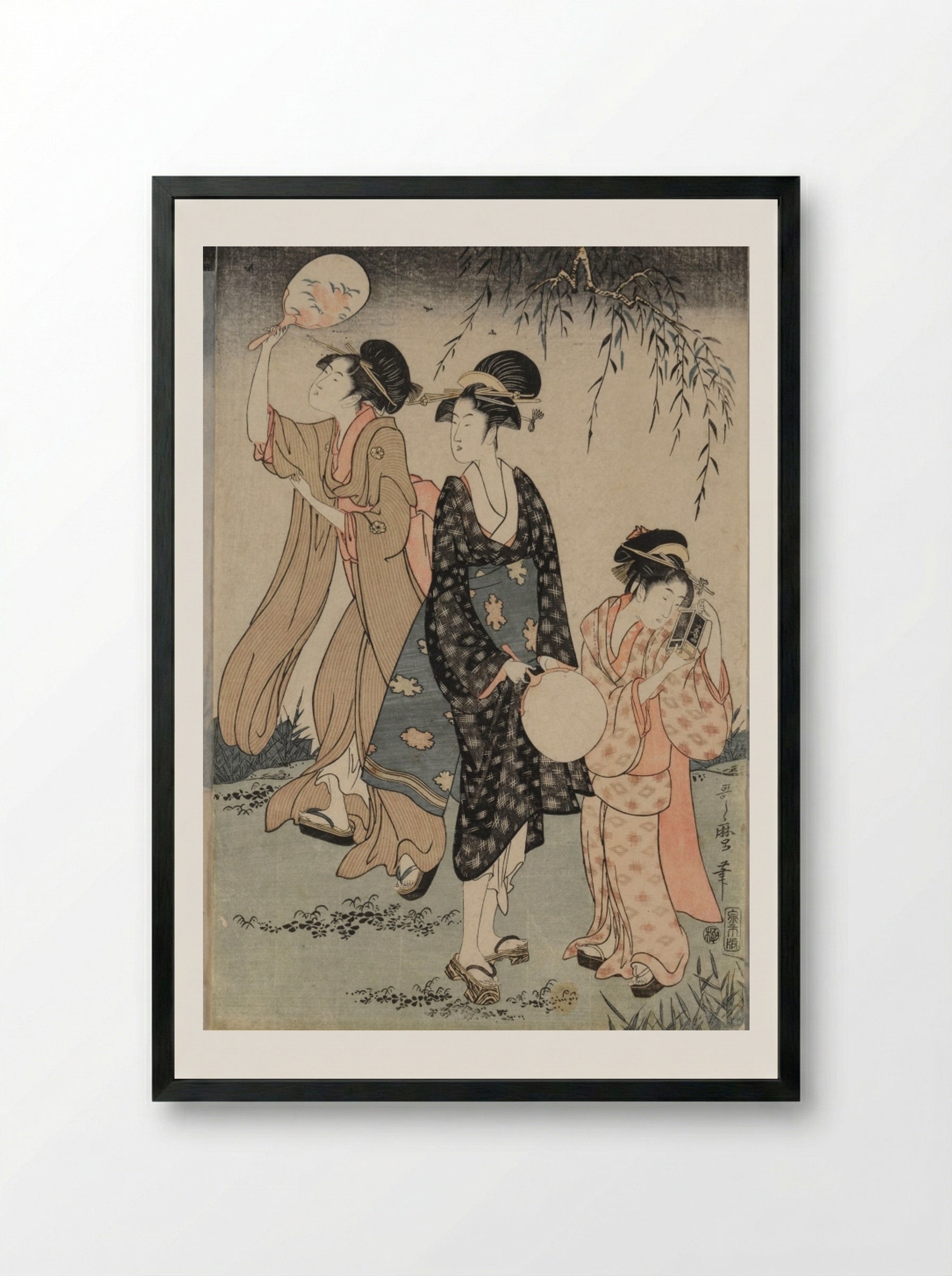 Catching Fireflies Beneath a Willow Tree - Kitagawa Utamaro - Framed Print Black