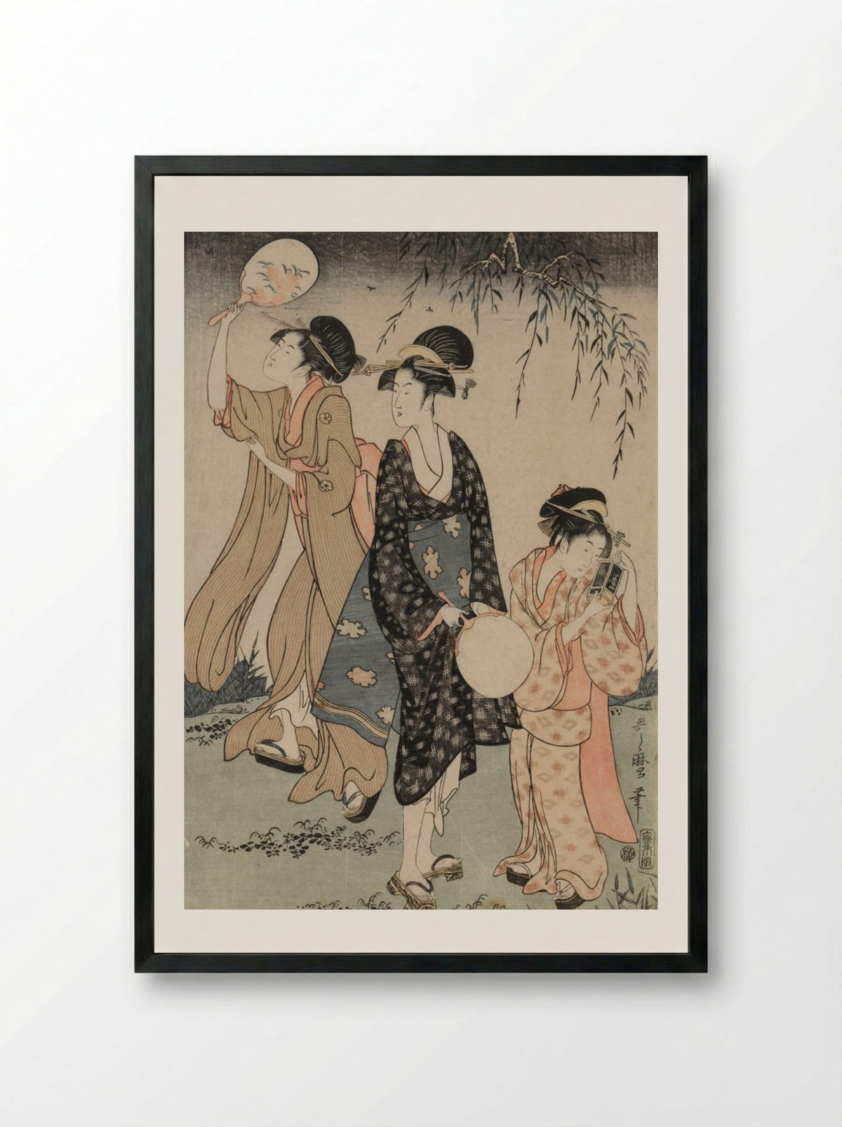Catching Fireflies Beneath a Willow Tree - Kitagawa Utamaro - Framed Print Black