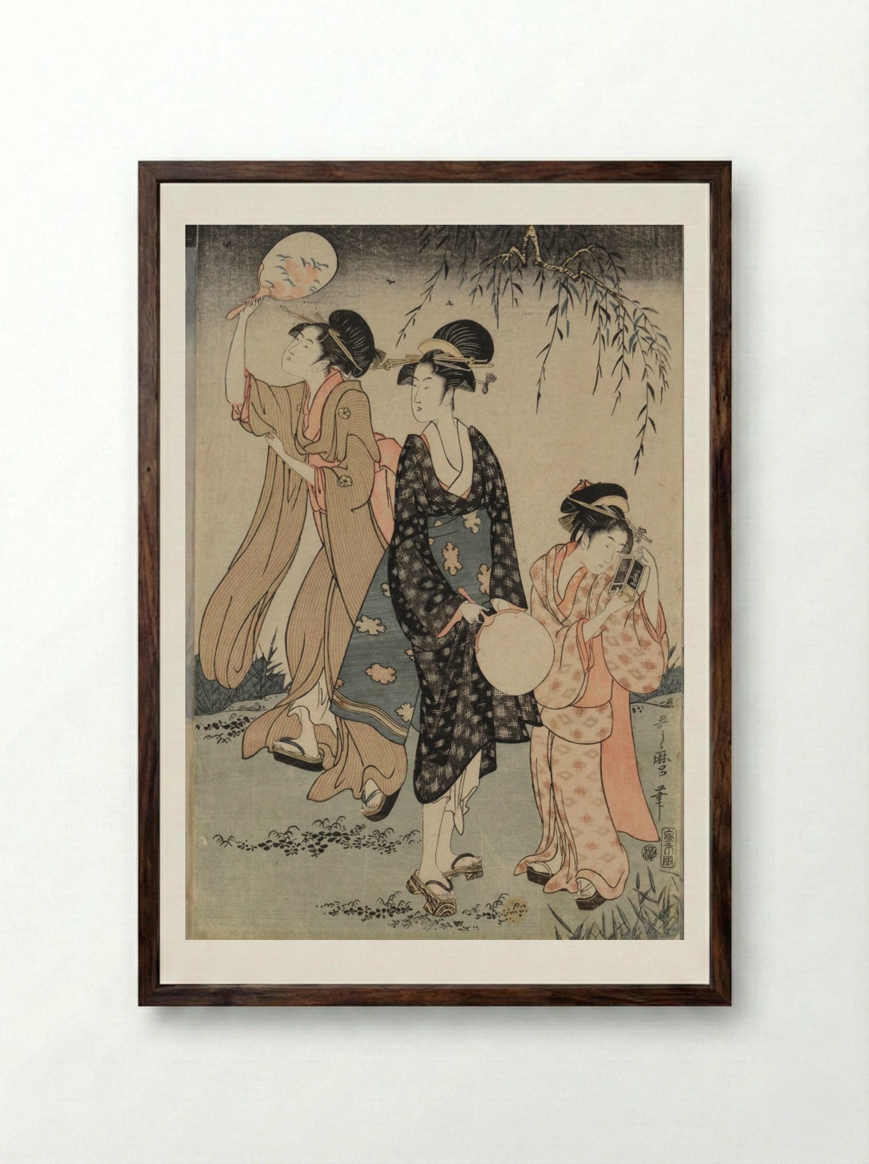 Catching Fireflies Beneath a Willow Tree - Kitagawa Utamaro - Framed Print Dark Wood
