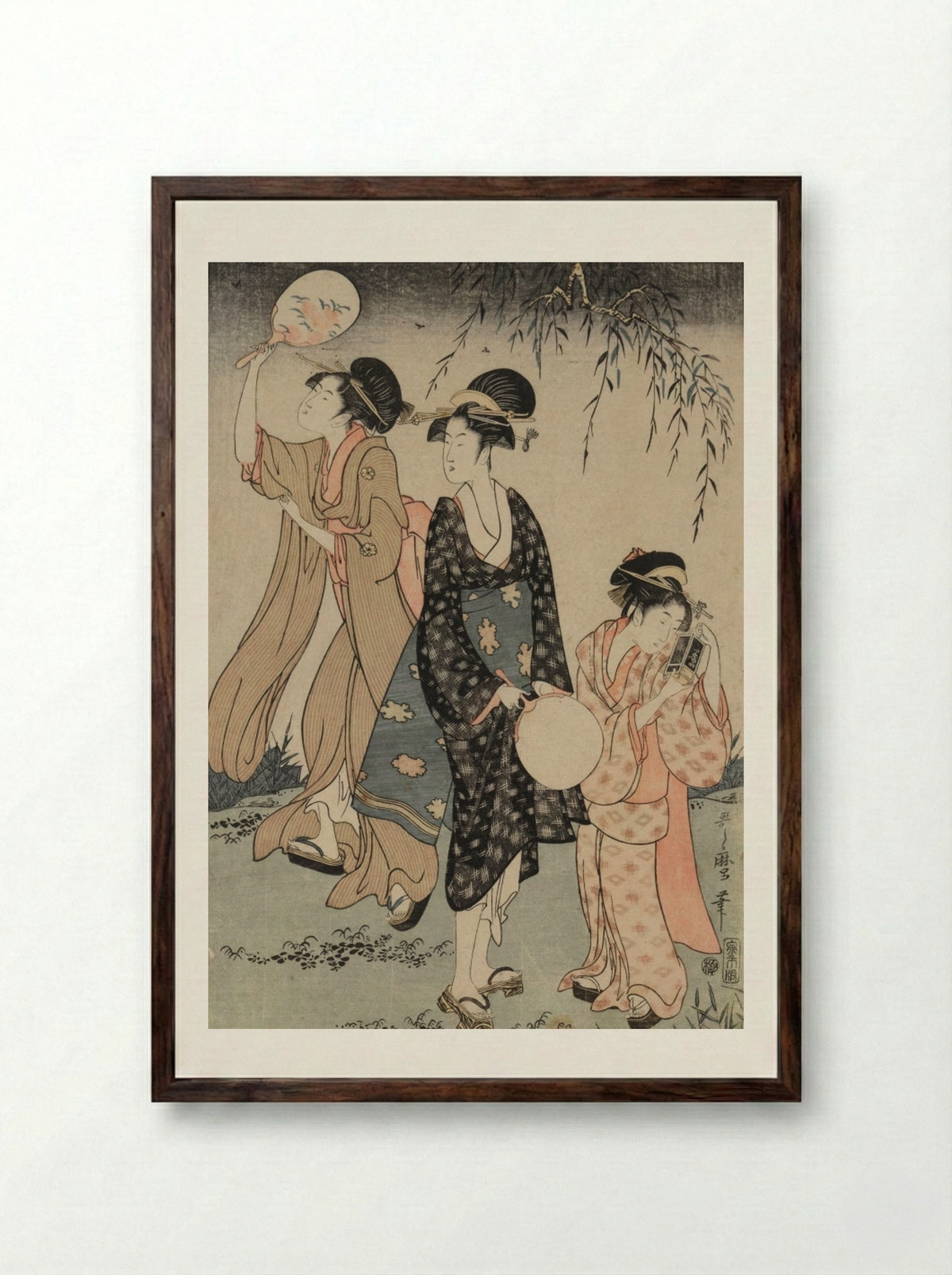 Catching Fireflies Beneath a Willow Tree - Kitagawa Utamaro - Framed Print Dark Wood