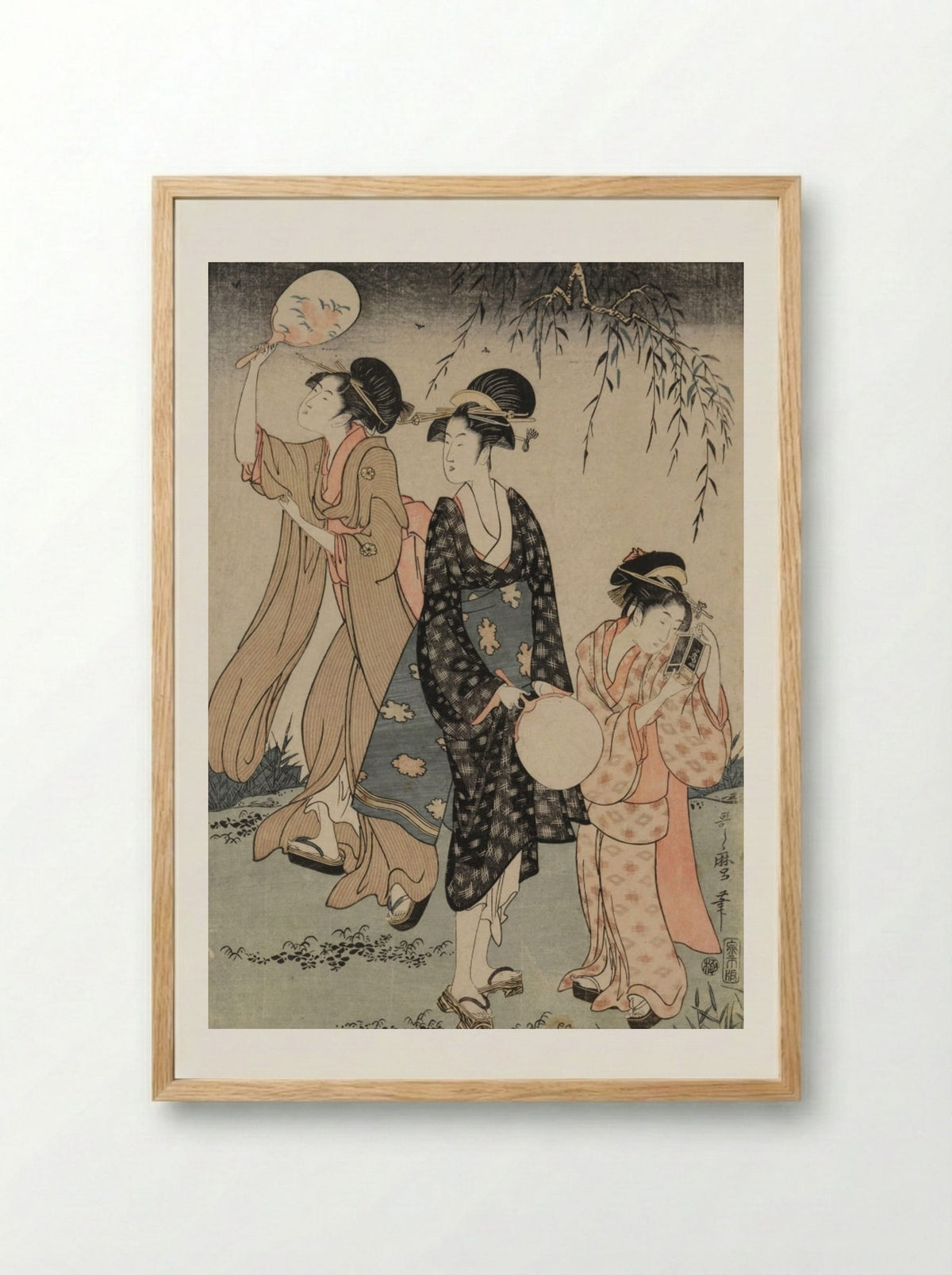 Catching Fireflies Beneath a Willow Tree - Kitagawa Utamaro - Framed Print Wood