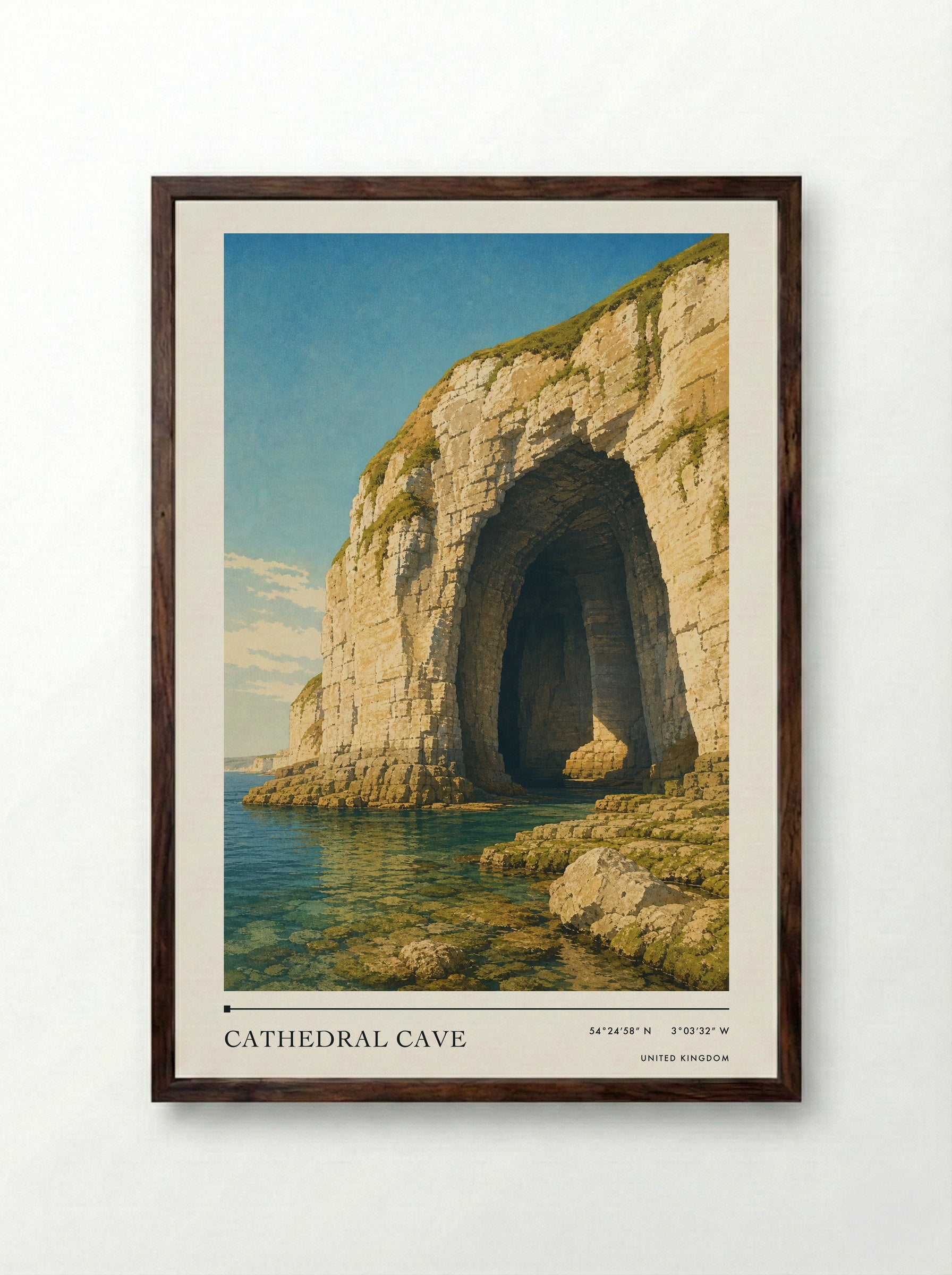 Cathedral Cave United Kingdom Travel Poster - Framed Print Dark Wood