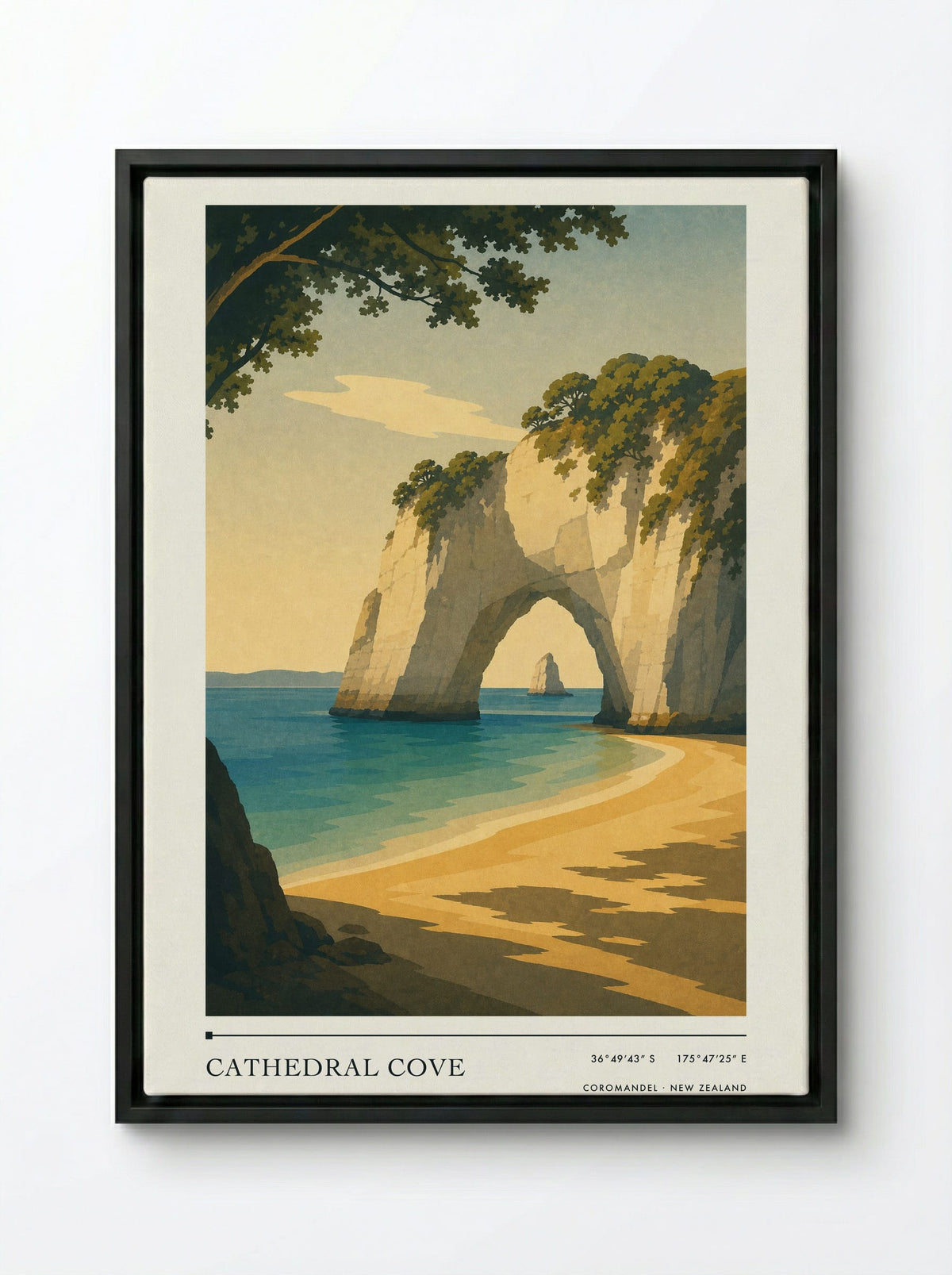Cathedral Cove Travel Poster Artwork - Framed Canvas Black