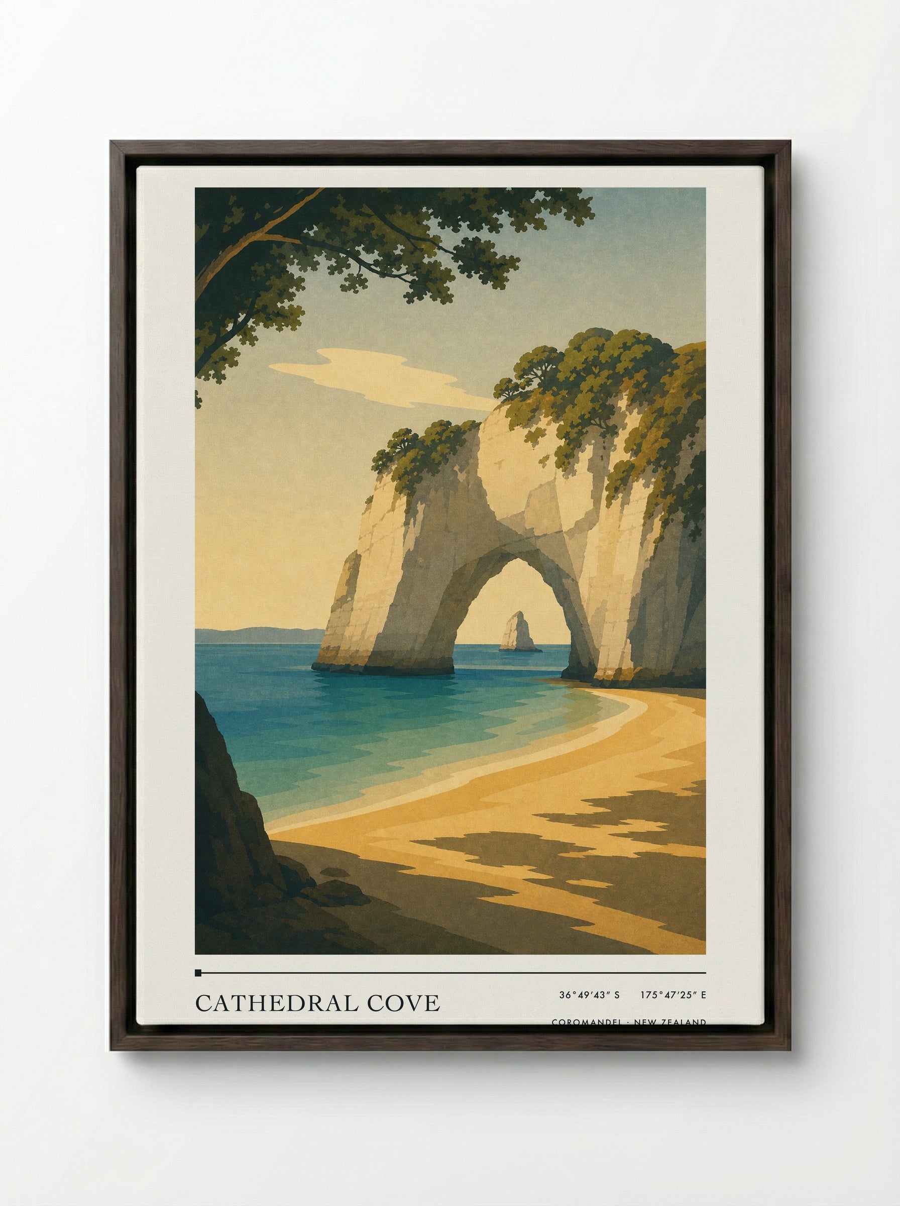 Cathedral Cove Travel Poster Artwork - Framed Canvas Dark Wood