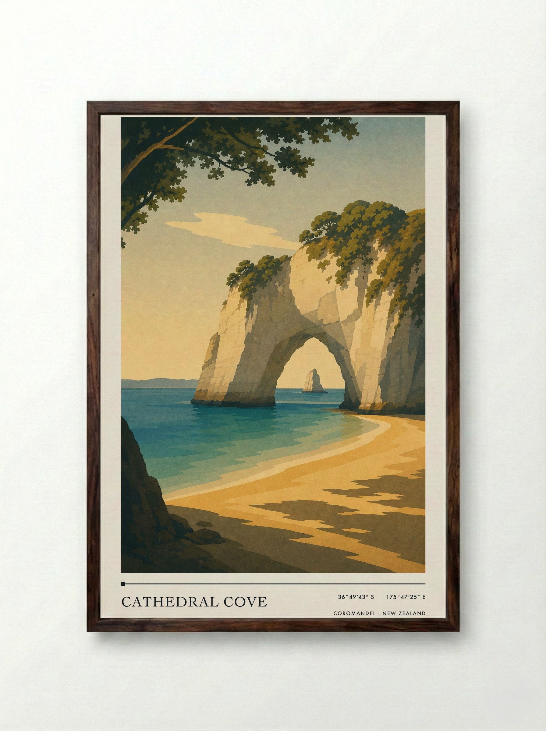 Cathedral Cove Travel Poster Artwork - Framed Print Dark Wood