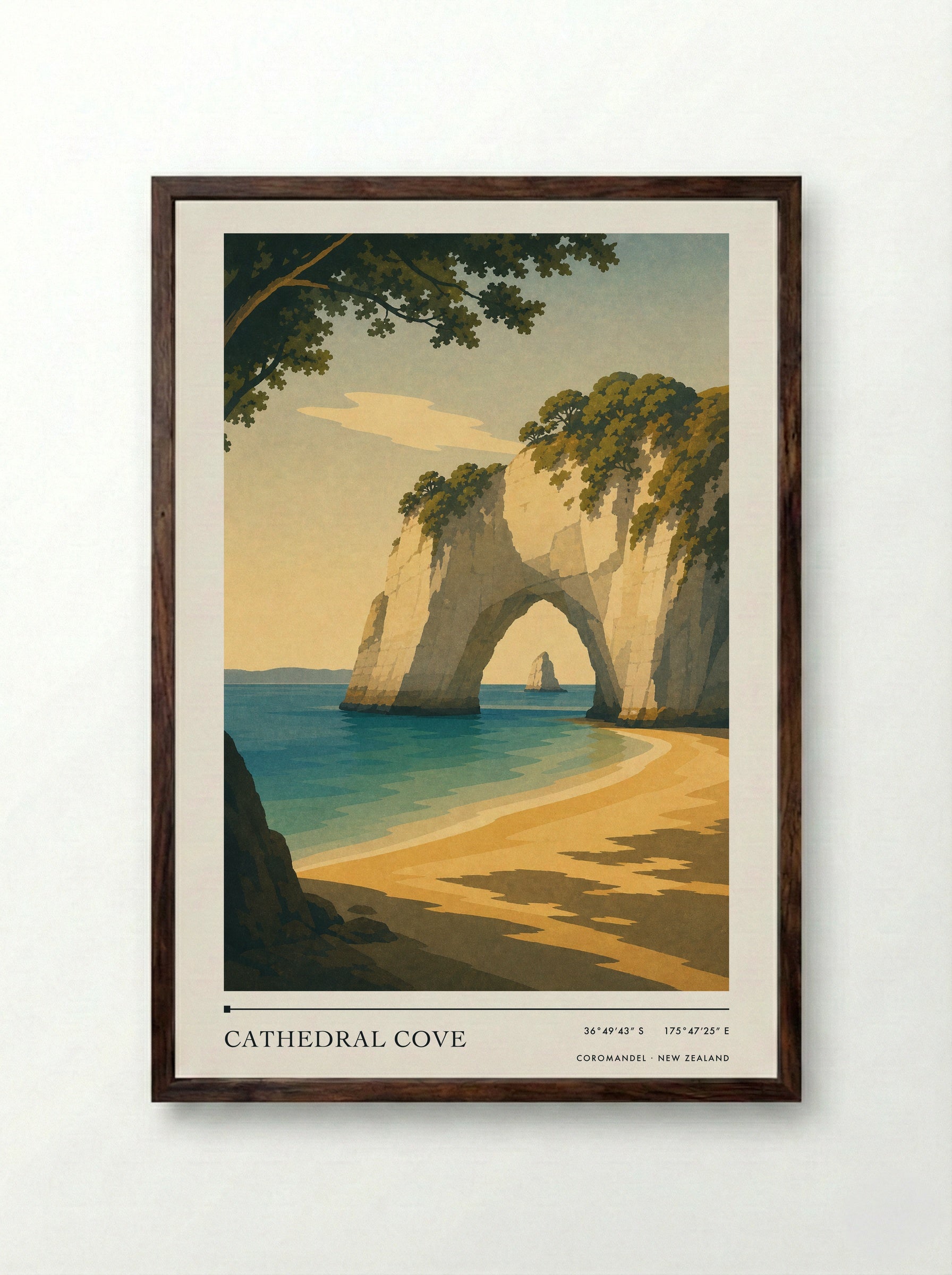 Cathedral Cove Travel Poster Artwork - Framed Print Dark Wood