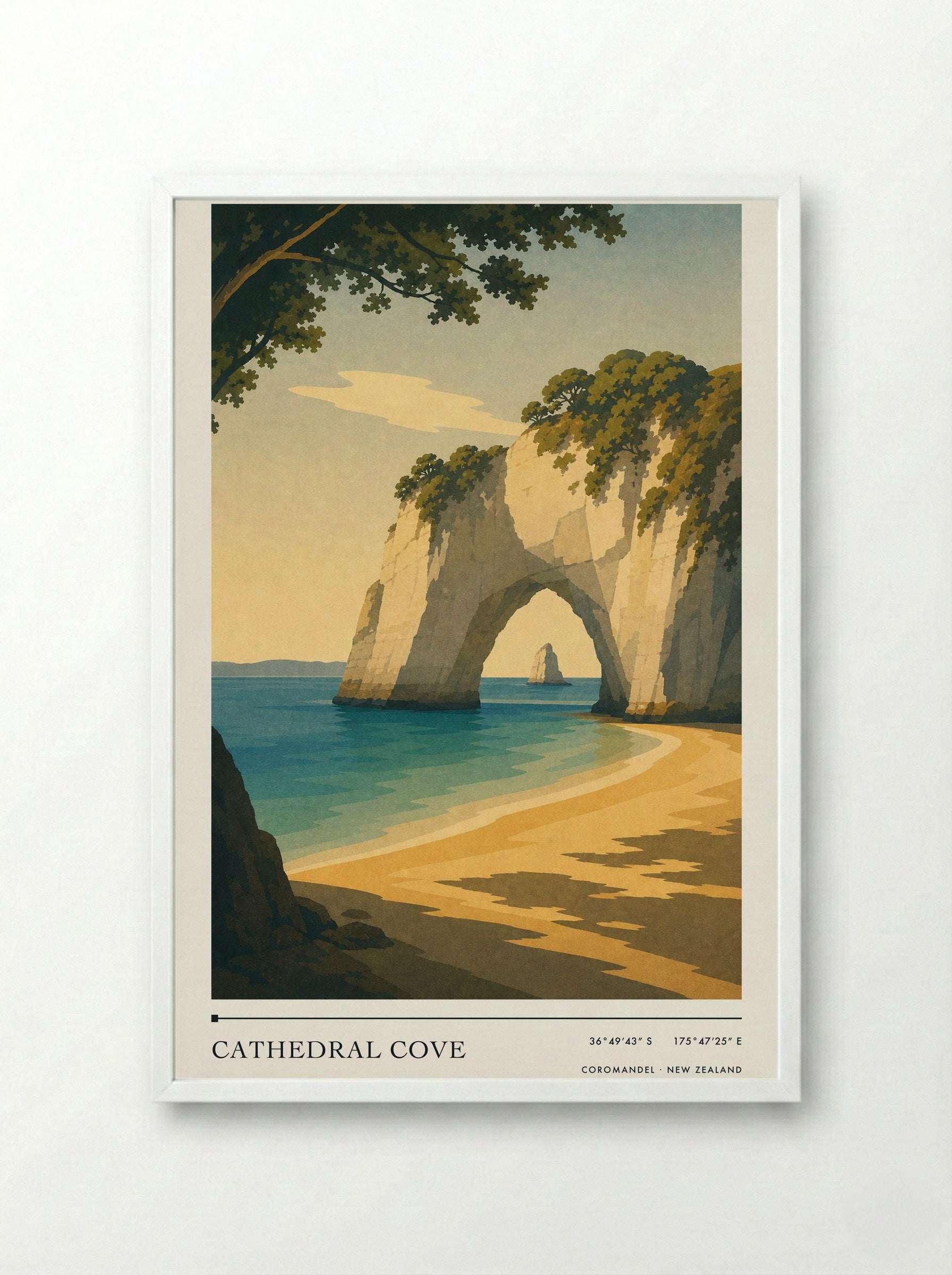 Cathedral Cove Travel Poster Artwork - Framed Print White