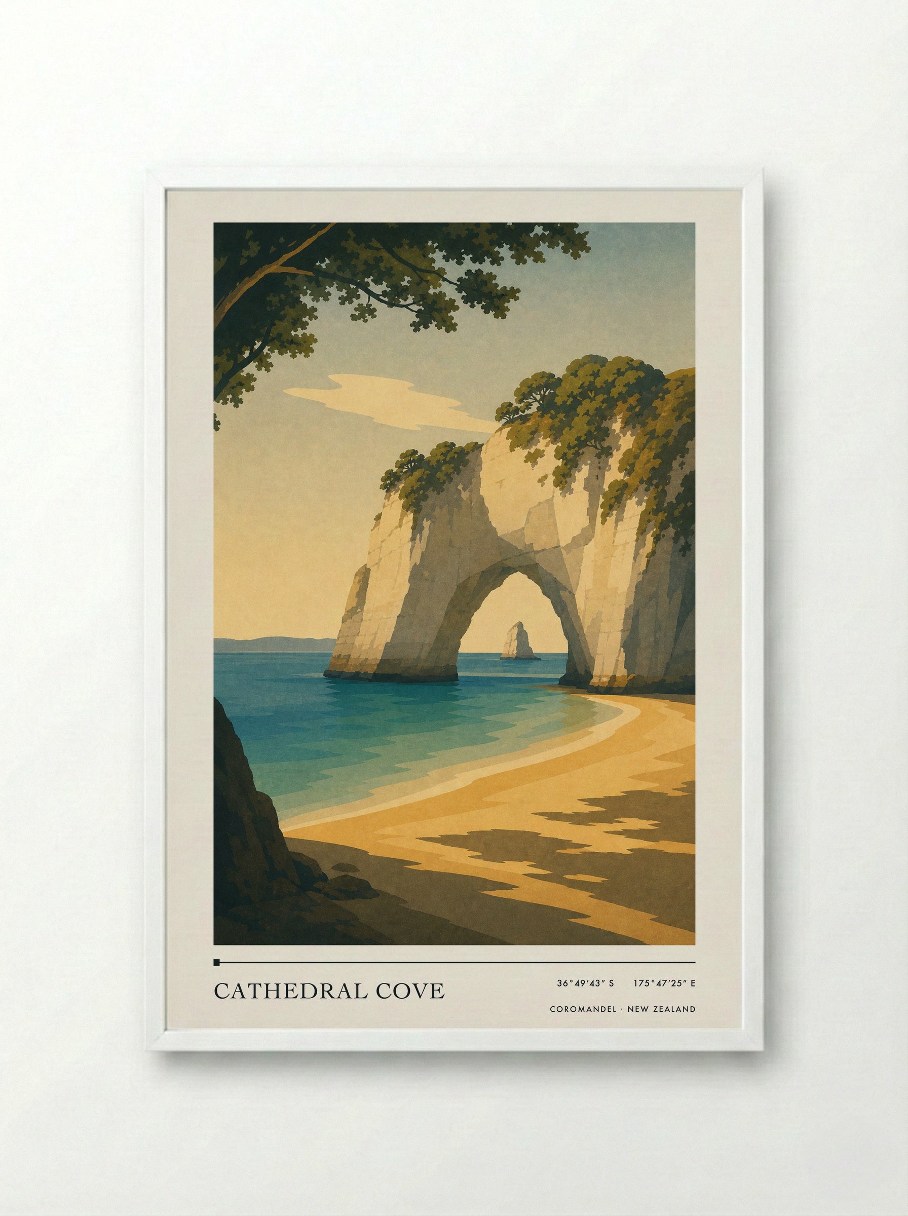 Cathedral Cove Travel Poster Artwork - Framed Print White
