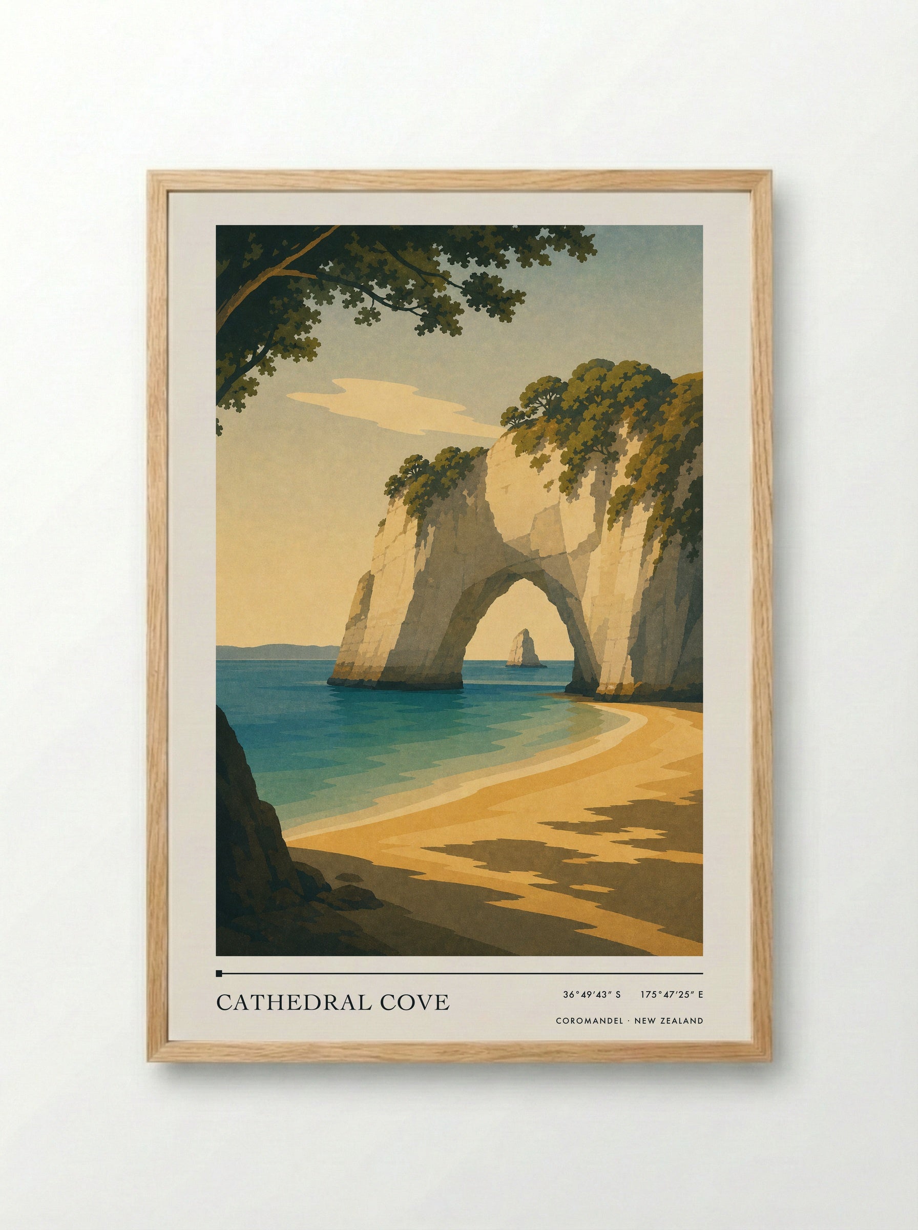 Cathedral Cove Travel Poster Artwork - Framed Print Wood