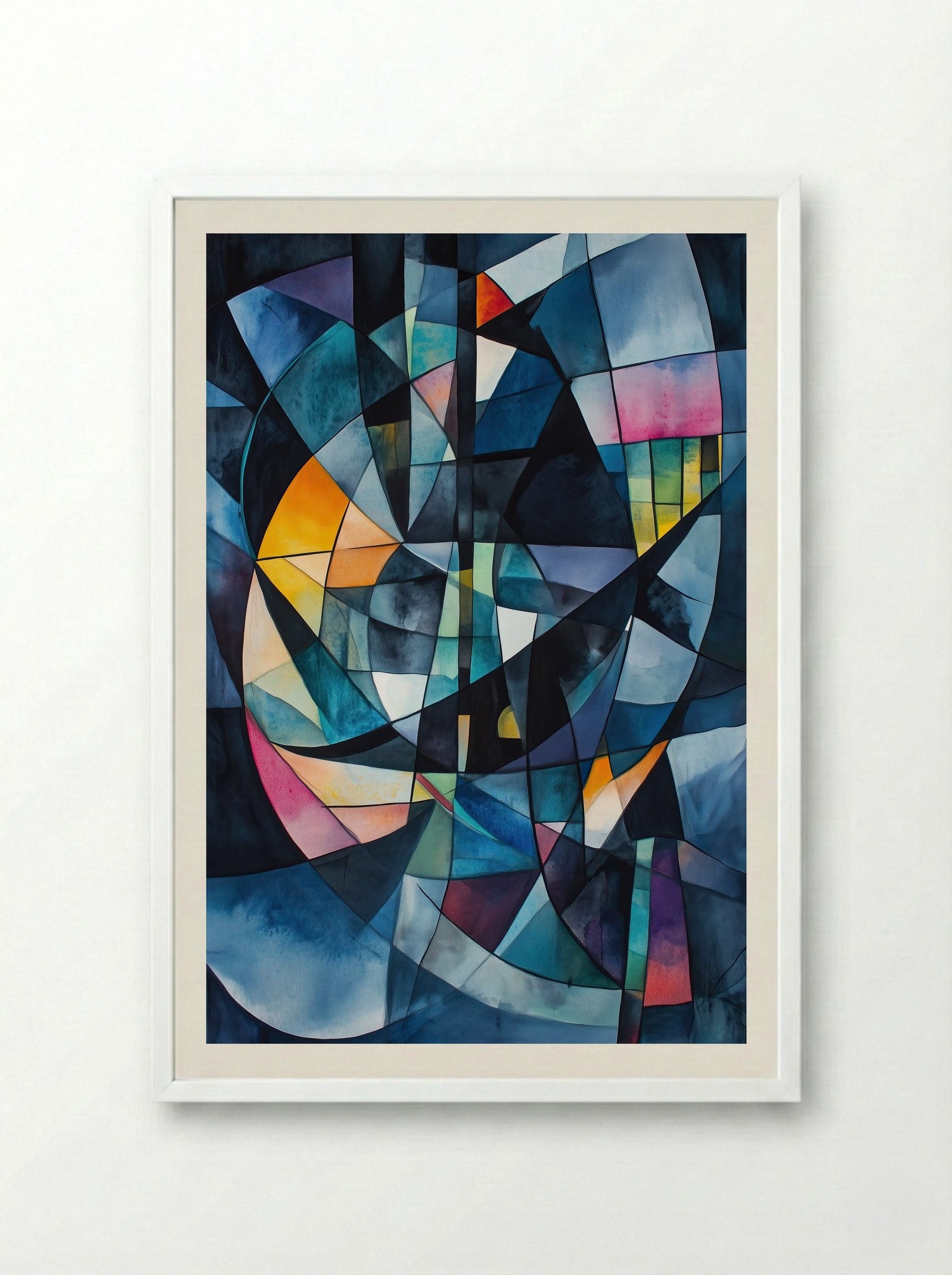 Cathedral Light – Abstract Geometric Stained Glass Composition - Framed Print White
