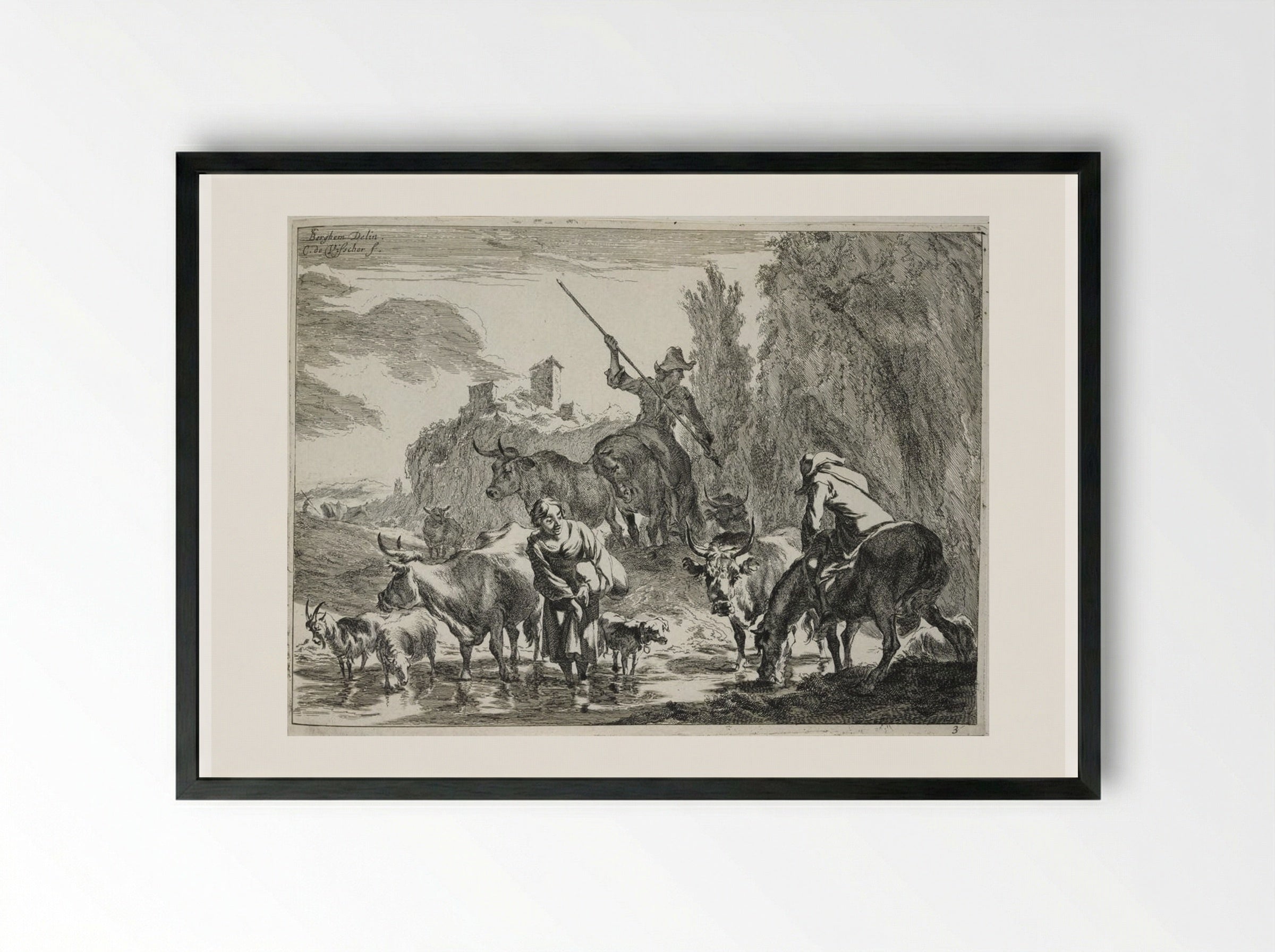 Cattle Crossing a Brook - Cornelis Visscher - Framed Print Black