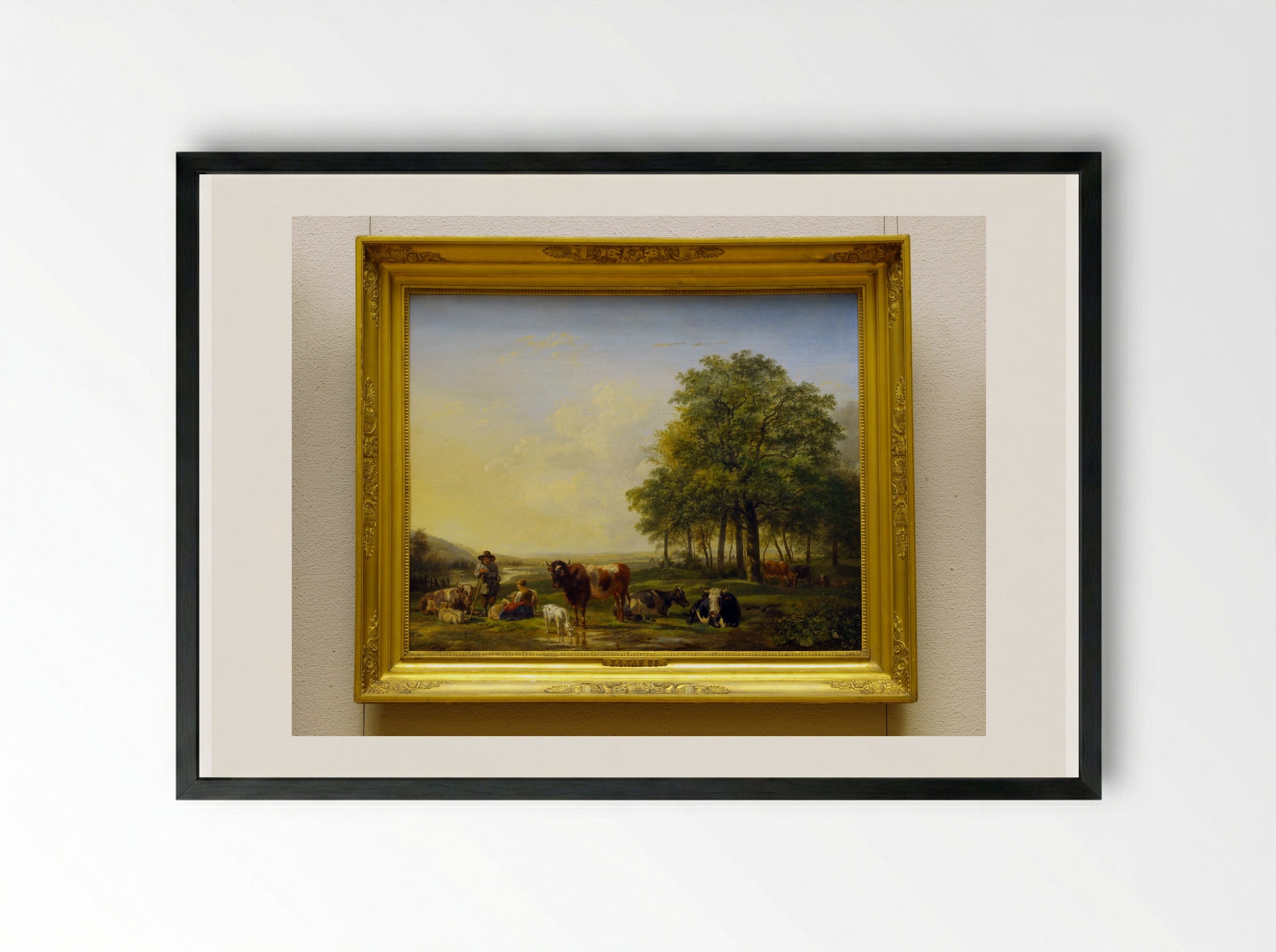 Cattle and Figures in a Meadow - Pieter Gerardus van Os - Framed Print Black
