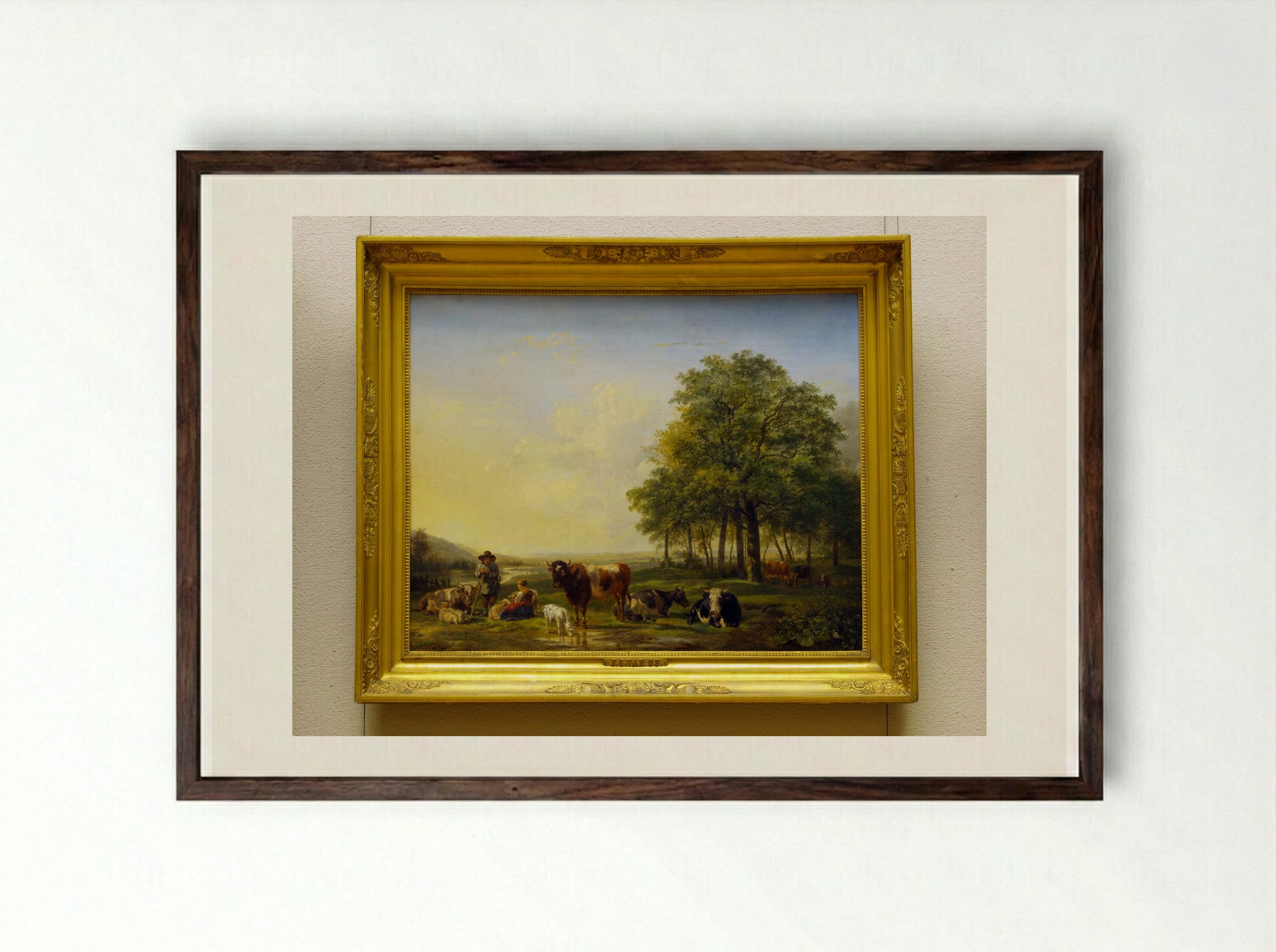Cattle and Figures in a Meadow - Pieter Gerardus van Os - Framed Print Dark Wood