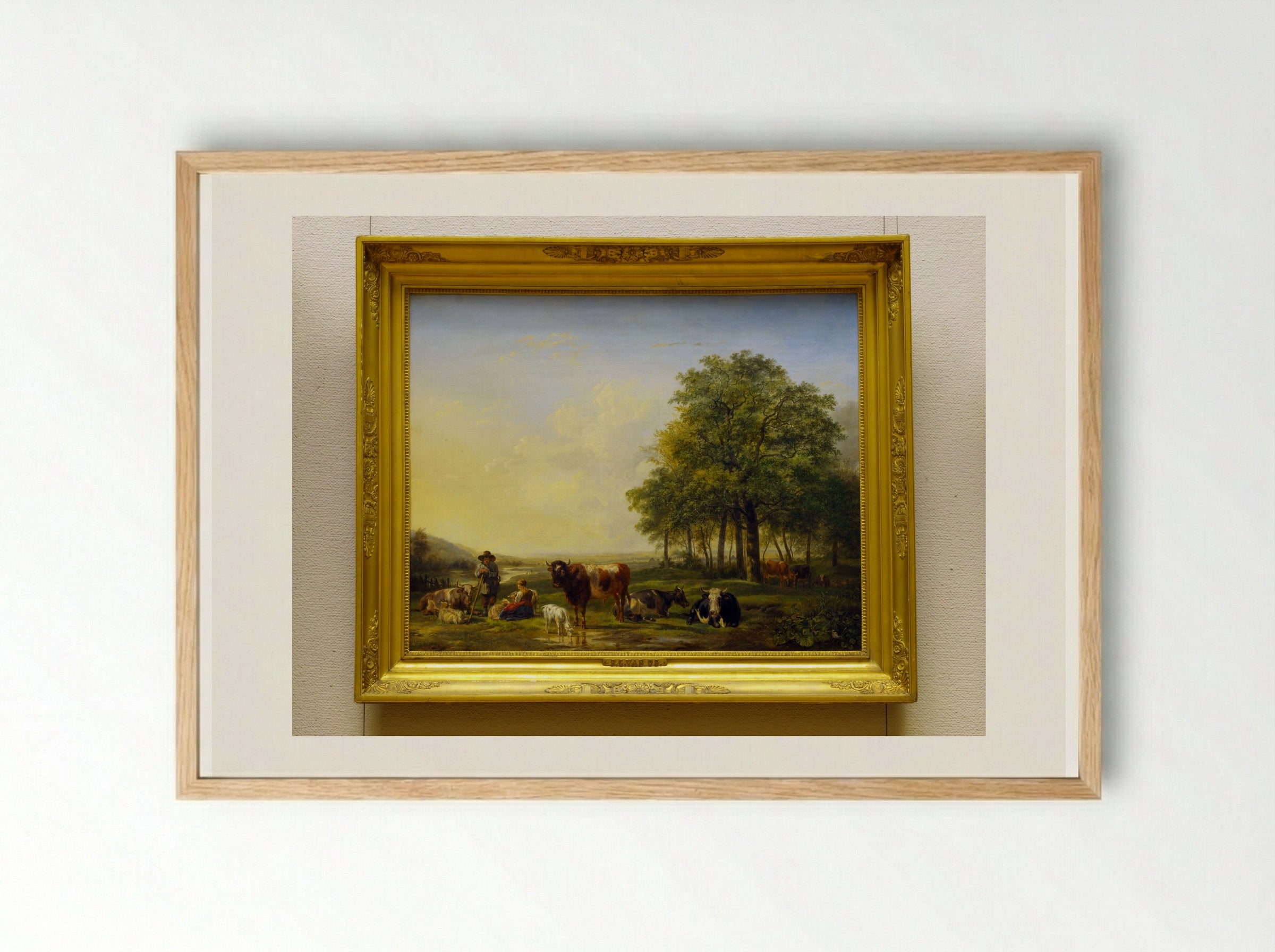 Cattle and Figures in a Meadow - Pieter Gerardus van Os - Framed Print Wood