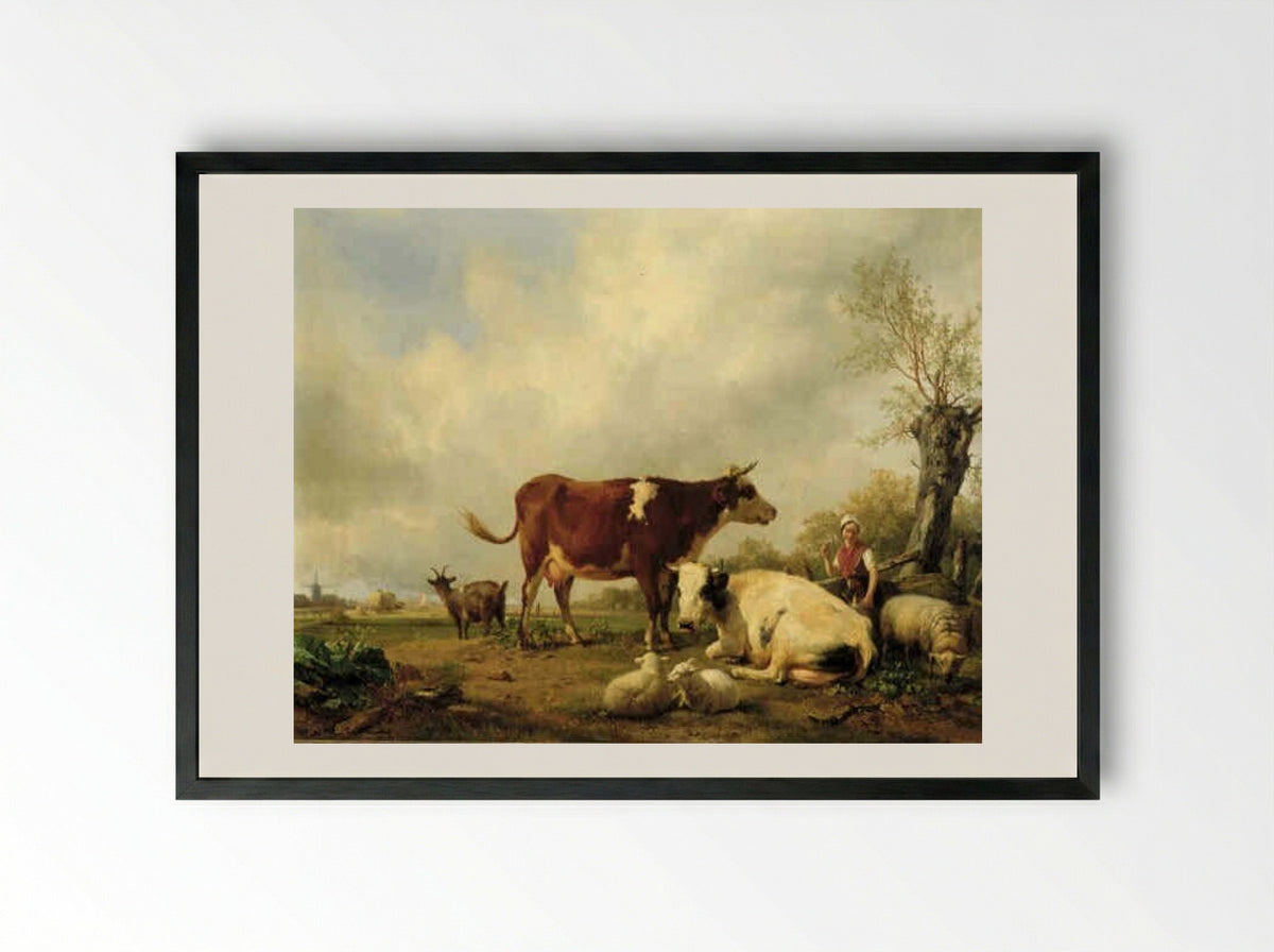 Cattle and Sheep in a Meadow - Hendrikus van de Sande Bakhuyzen - Framed Print Black
