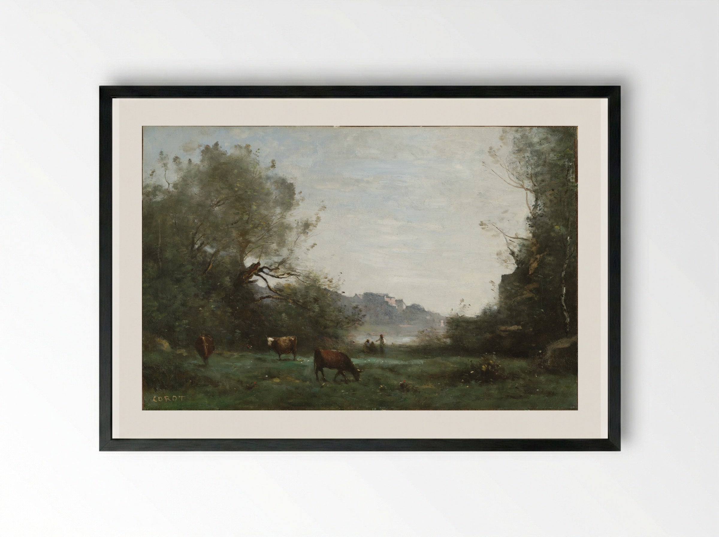 Cattle at Pasture in a Wooded Valley - Jean-Baptiste-Camille Corot - Framed Print Black