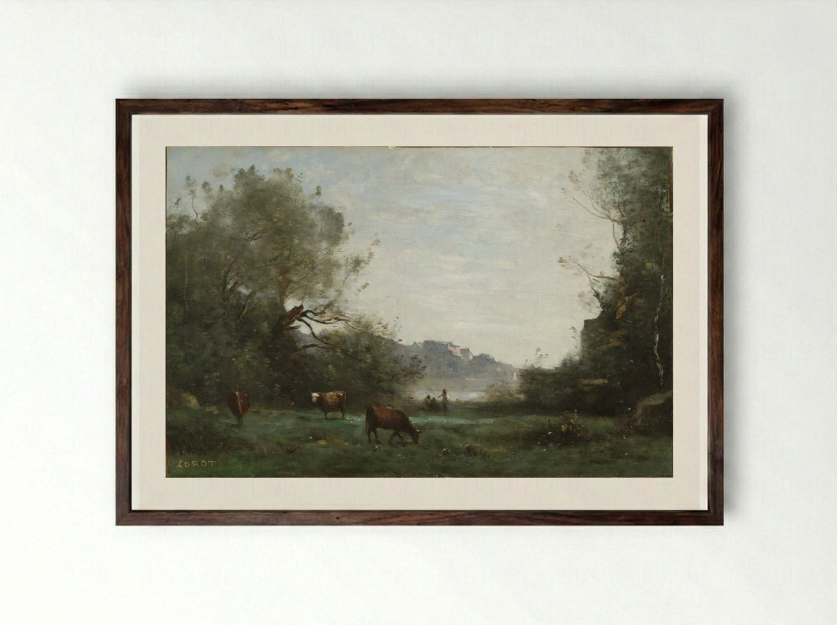 Cattle at Pasture in a Wooded Valley - Jean-Baptiste-Camille Corot - Framed Print Dark Wood