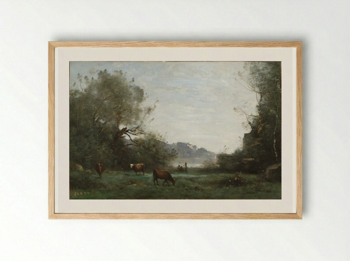 Cattle at Pasture in a Wooded Valley - Jean-Baptiste-Camille Corot - Framed Print Wood